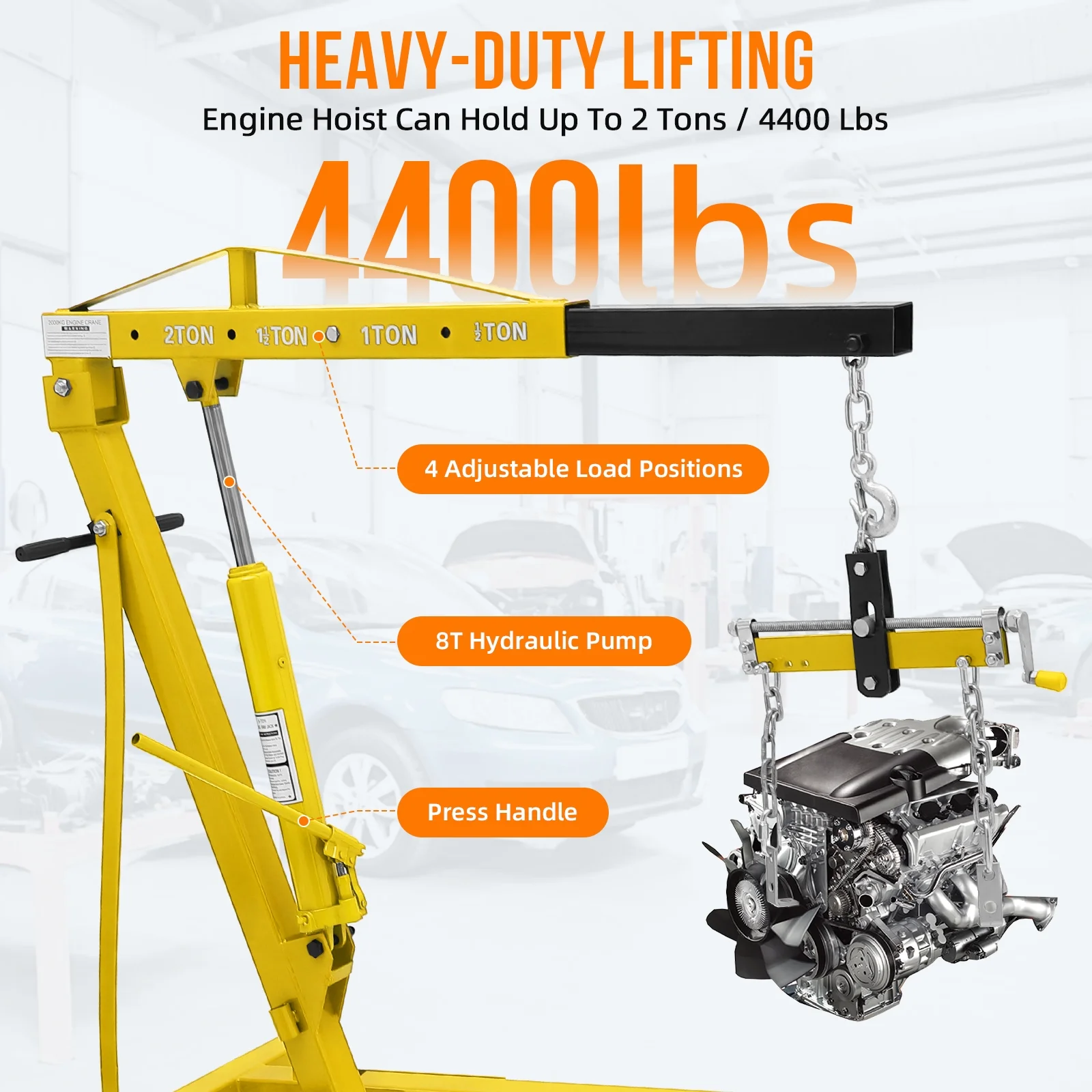 JoanKaren Hydraulic Engine Hoist,4400lbs Max Weight,Folding Engine Lift Shop Crane with Lever and 6 Steel Caster Wheels,Yellow