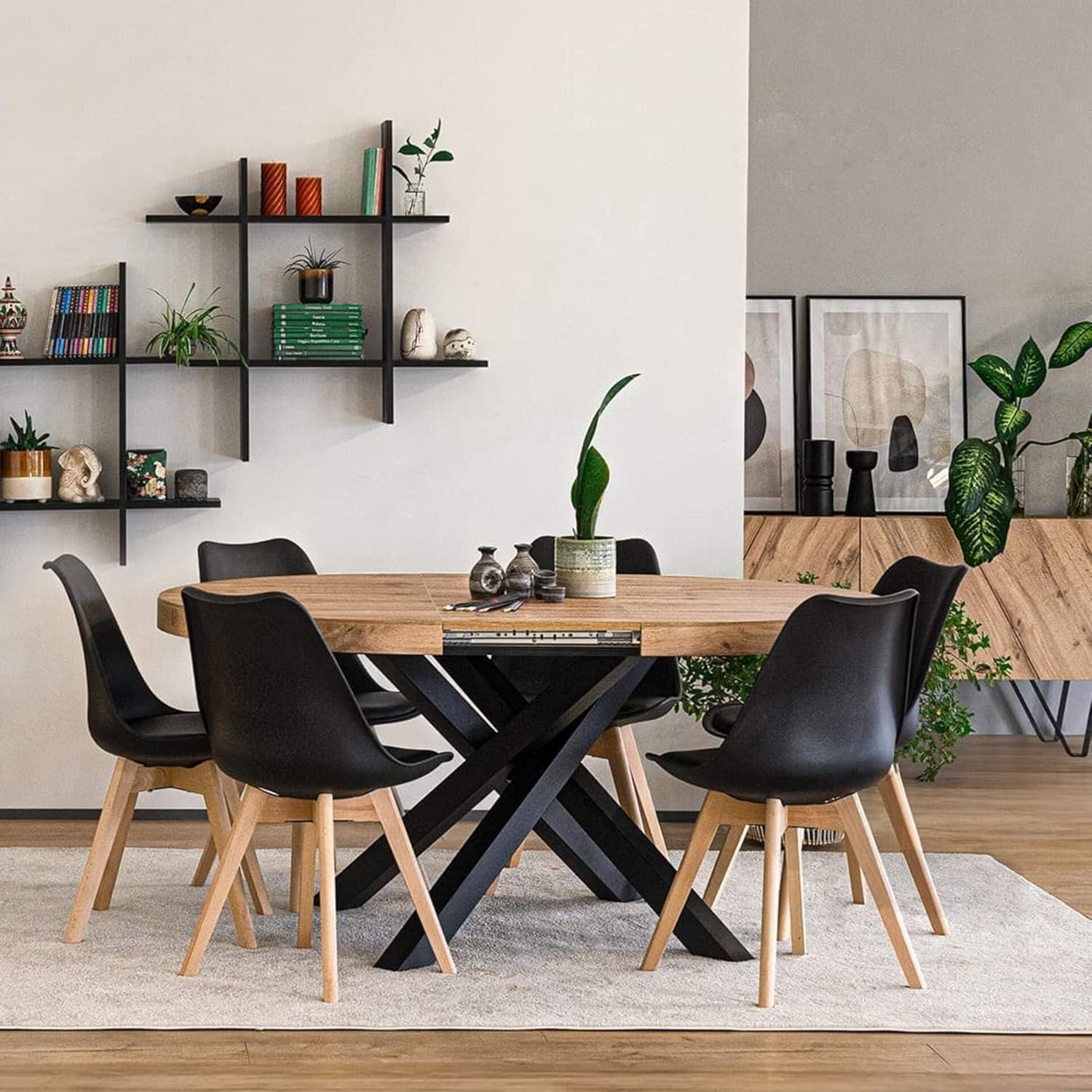 MOBILI FIVER, Runder ausziehbarer Tisch Emma, 120-160 cm, Rustikale Eiche mit gekreuzten Schwarzen Beinen, Made In Italy