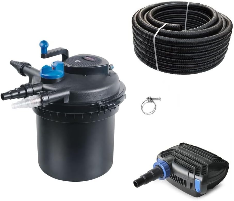 AquaOne Teichfilter Set mit Teichpumpe I Filteranlage CPF-15000 für einen Teich bis 30.000 Liter I Komplettset mit UV Lampe Eco Pumpe 30 Watt Teichschlauch Nr. 29