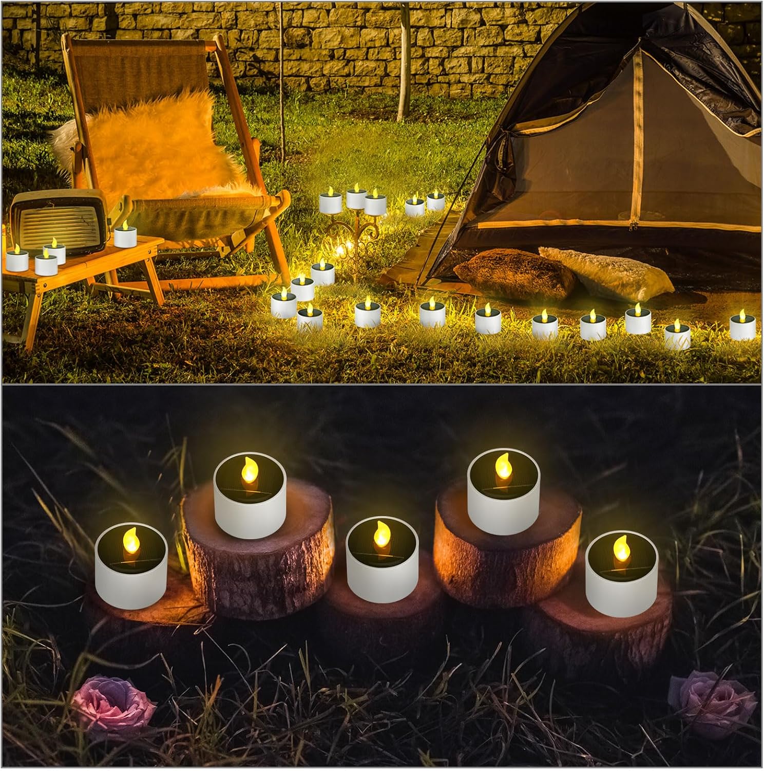 Retisee Solar-Teelichter für den Außenbereich, wasserdicht, flammenlos, wiederverwendbar, LED-Teelichter für Laterne, Garten, Party, Camping und Heimdekoration, 5,8 x 5,1 cm, 24 Stück