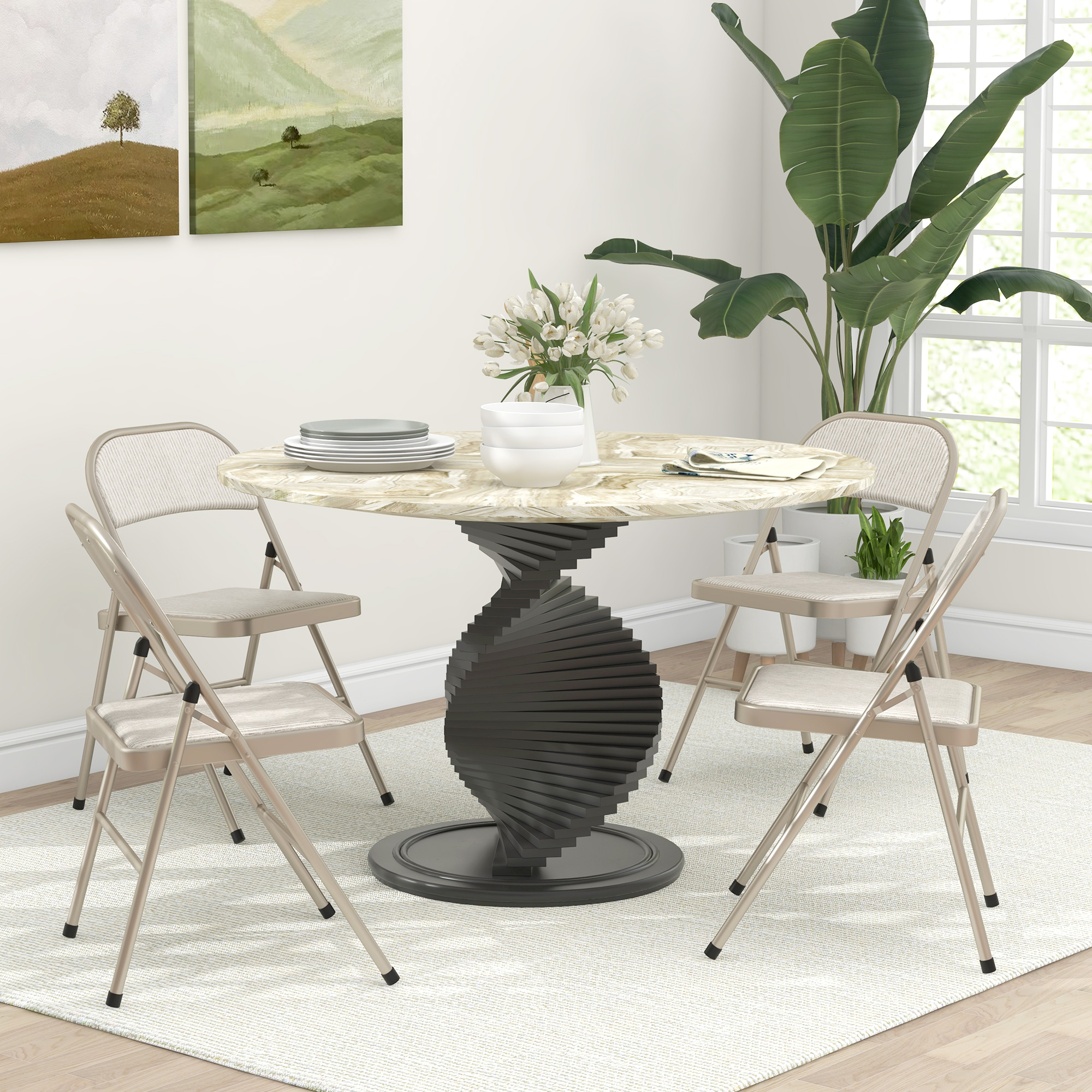 HOMCOM 4er-Set Klappstühle, Tragbare Bürostühle, Stahlbeine, Faltstuhl für Büro, Empfang, Wartezimmer, Leinenoptik Beige
