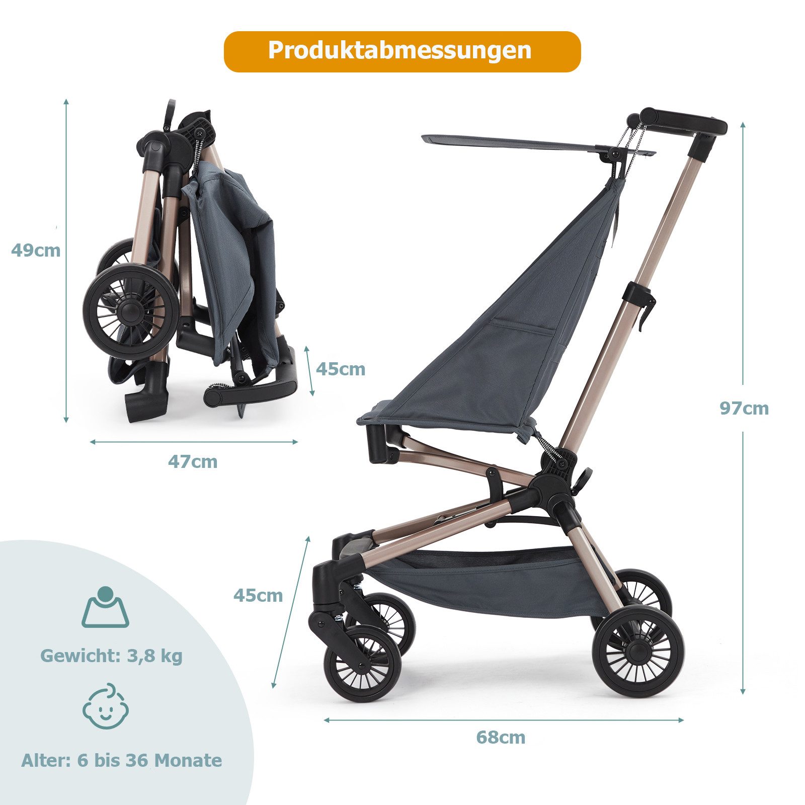 Kinder-Buggy Leichter Kinderwagen Faltbarer Reisebuggy ab 6 Monaten