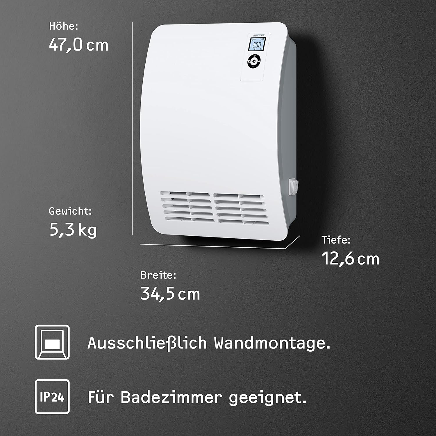 STIEBEL ELTRON Schnellheizer CK 20 Trend LCD für ca. 25 m, TV geprüft, Made in Germany, LC-Display, Wochentimer, Keramik Heizlüfter energiesparend, Bad, 2 kW, 236653