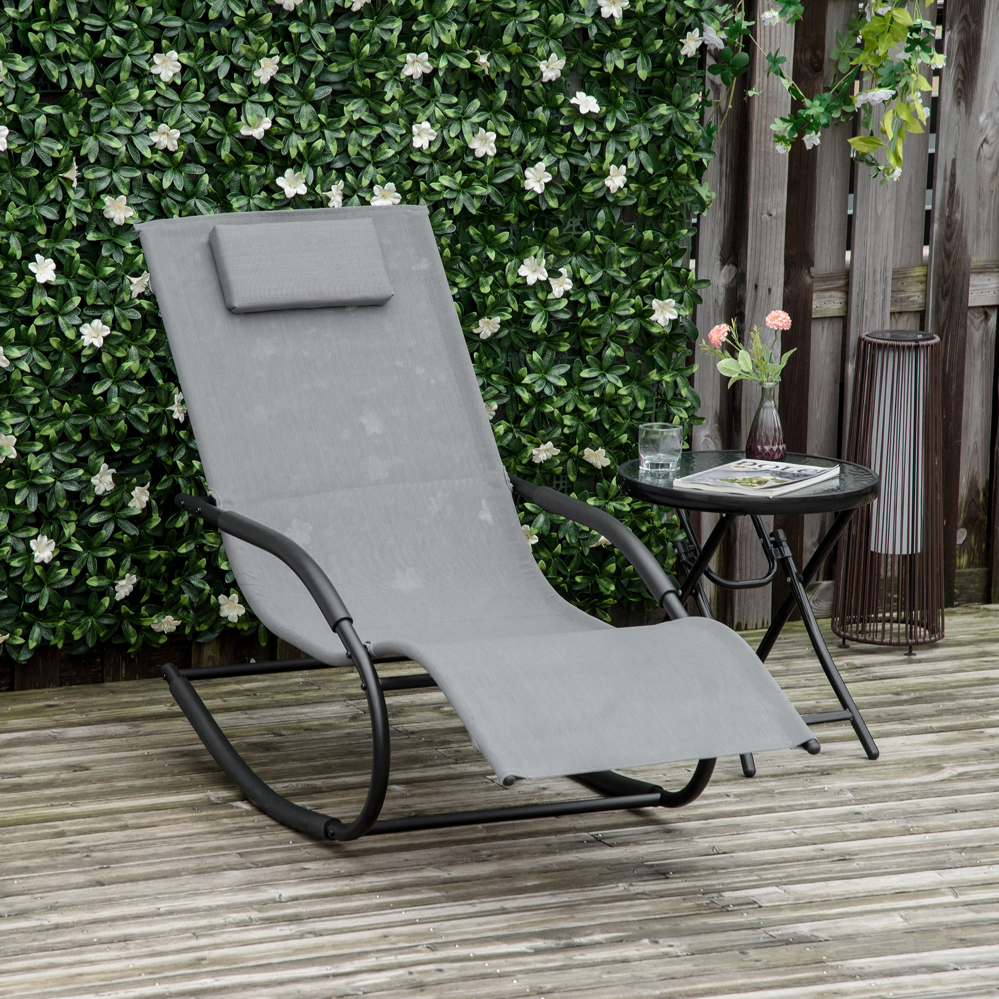 Outsunny Schaukelstuhl mit ergonomischem Rocking Chair mit Kopfstütze und Armlehnen verzinktes Metall Textilen Grau