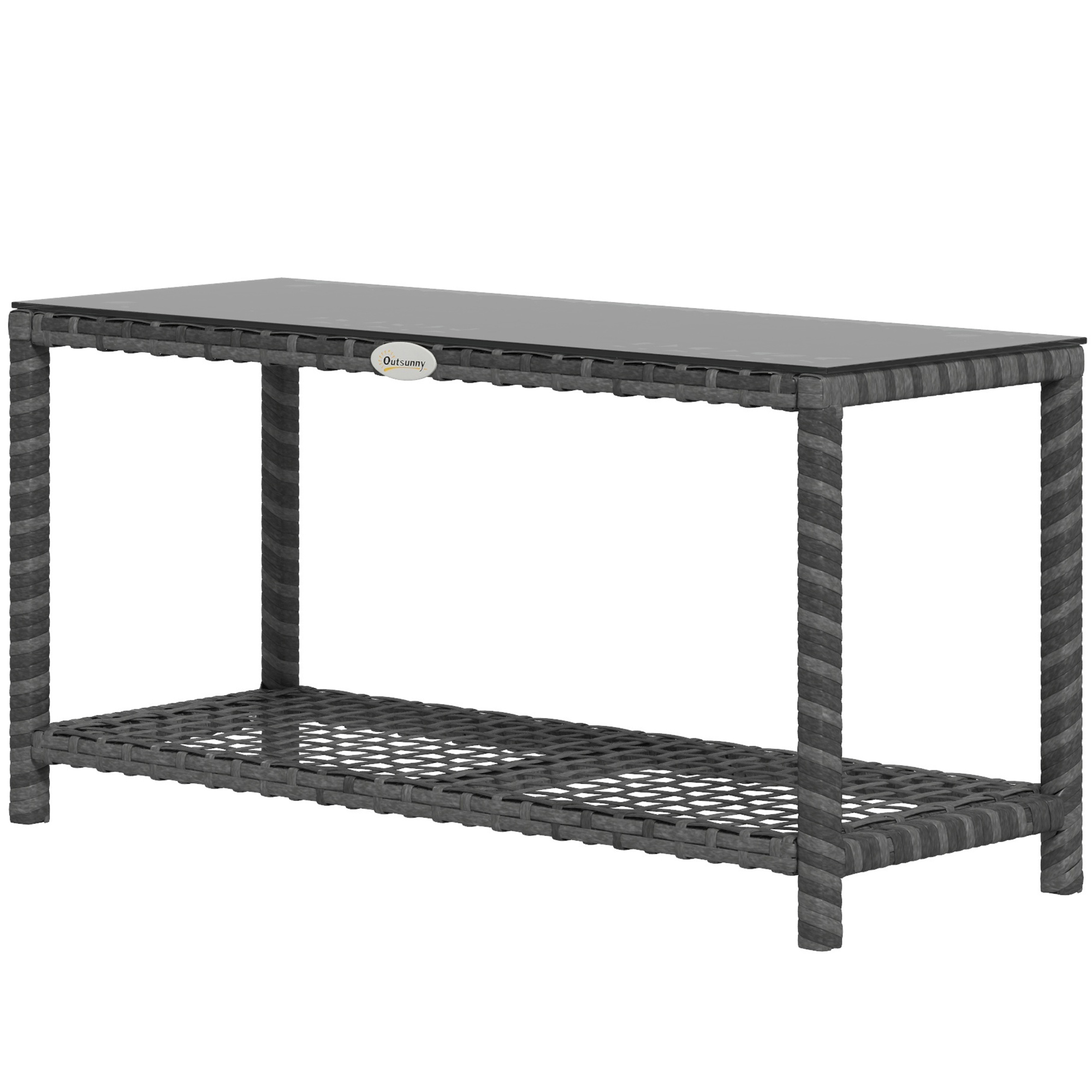 Outsunny Garten Beistelltisch rechteckiger Couchtisch aus PE-Rattan mit gehärteter Glasplatte Maße 80L x 30B x 40H cm Grau