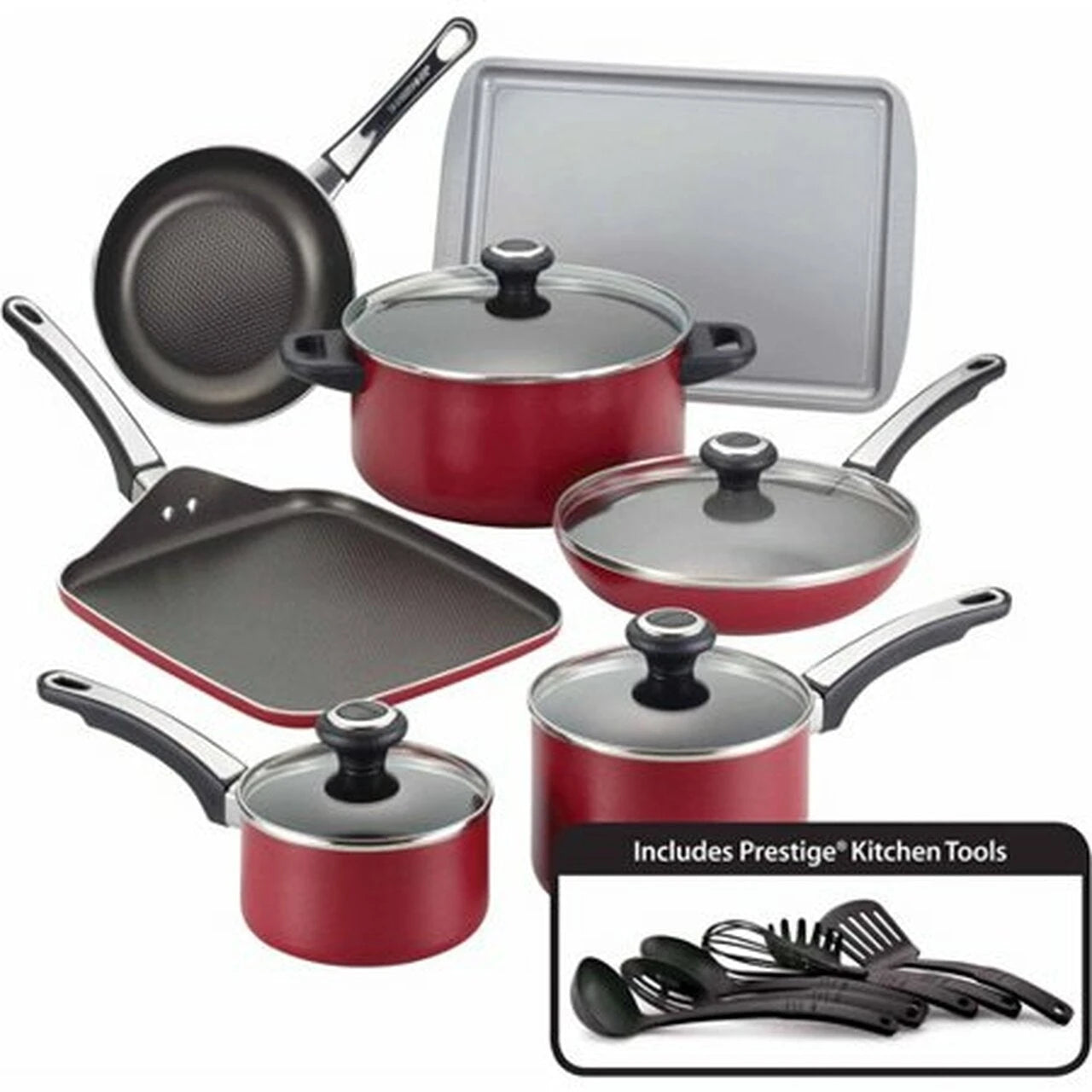 Farberware 17 Piece High Performance Aluminum Nonstick Pots and Pans/Cookware Set, Red