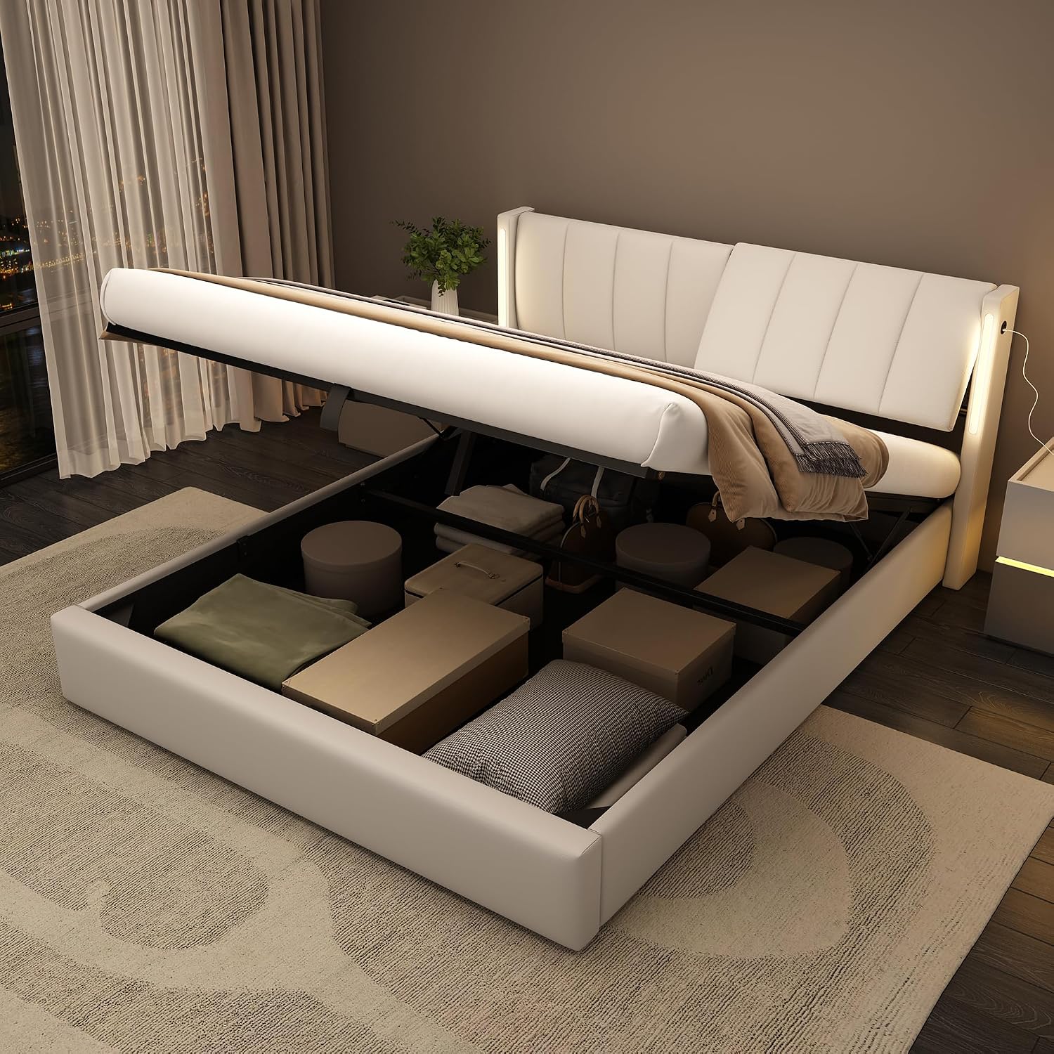 Aoskem Polsterbett Bett 180x200 Doppelbett mit Stauraum, Ohne Matratze, Verstellbares Kopfteil mit LED-Beleuchtung&USB-Buchse, Rückenlehne Jugendbett