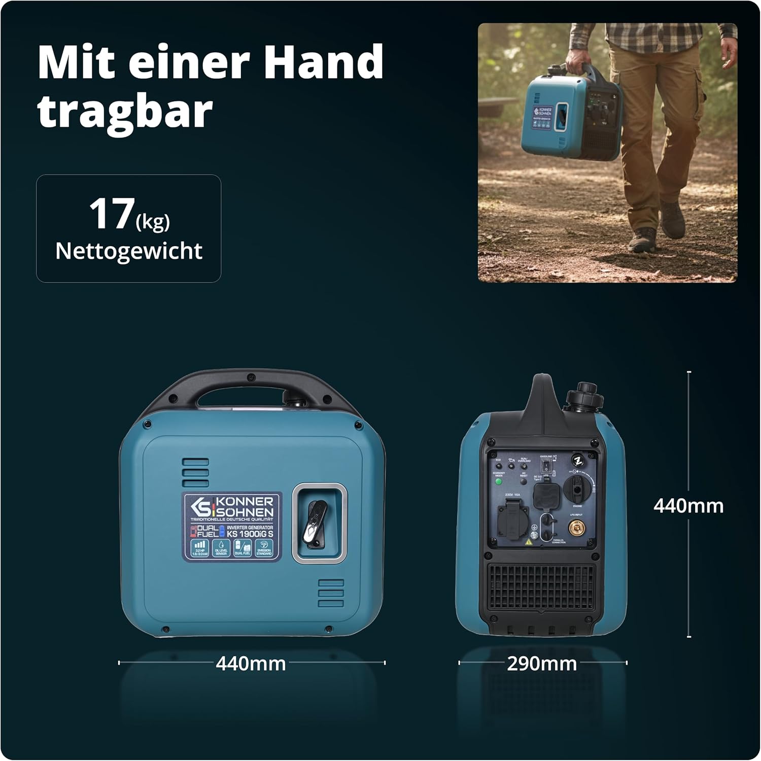 Könner  und  Söhnen Inverter Stromerzeuger KS 1900iG S, 2000W Dual Fuel Generator (LPG/Benzin), Notstromaggregat Leise, 17kg Ultraleicht, Reine Sinuswelle, Eco-Mode, USB, Euro-5