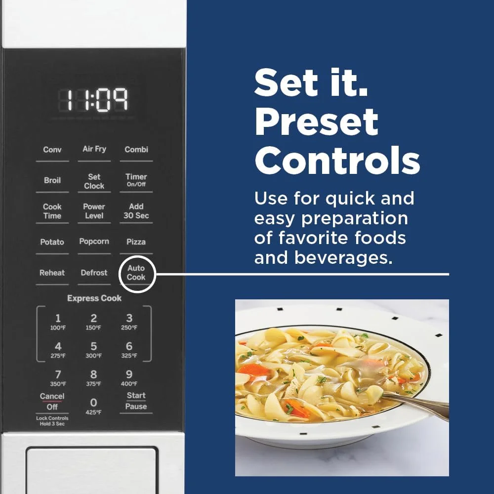 Open Box GE 3-in-1 Microwave Oven, 1,050 Watts Air Fryer, Broiler and Convection Mode, Child-Lock Technology, Kitchen Essentials for The Countertop or Dorm Room, 1.0 Cu. Ft., Stainless Steel