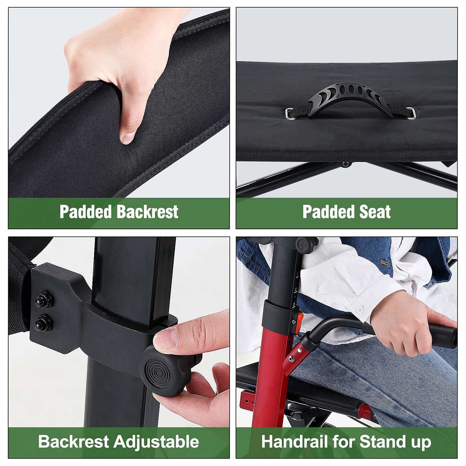 Healconnex Upright Rollator Walkers for Seniors- Stand up Rolling Walker with Seats and 10" Wheels, Padded Armrest and Backrest,Tall Rolling Mobility Aid with Basket, Foam Handle to Stand up