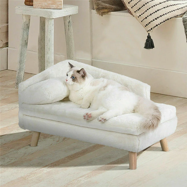 Elevated Pet Sofa Bed �C L-Shape Chaise with Cushion, Pillow & Rubber Wood Legs