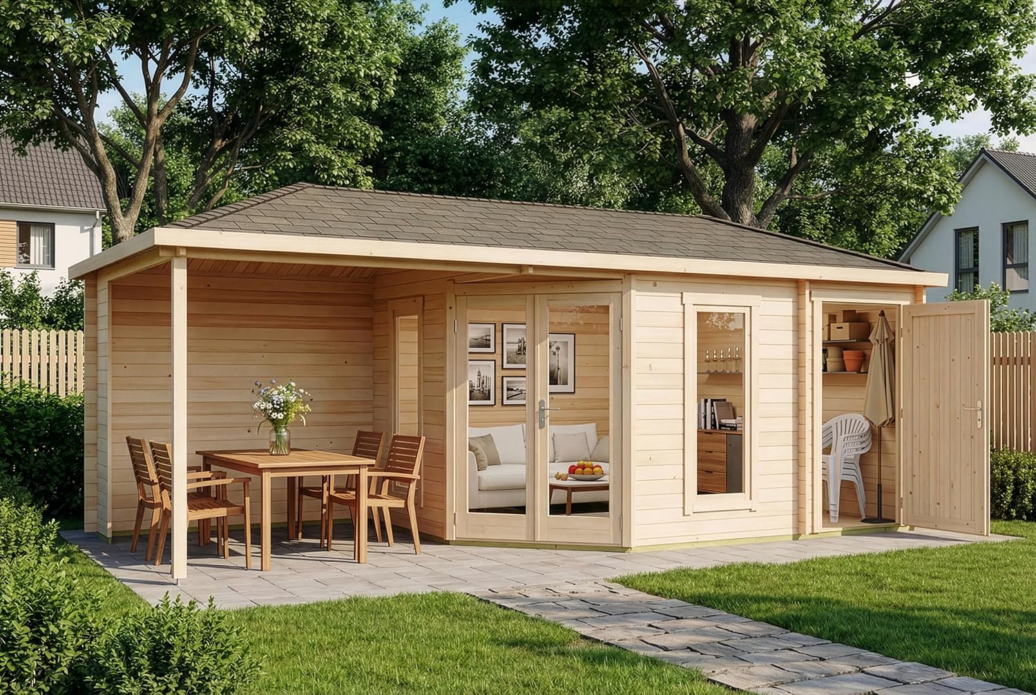 5-Eck Gartenhaus Liwa mit Anbau aus Holz in Naturbelassen mit 28mm Wandstärke und Überdachter Terrasse