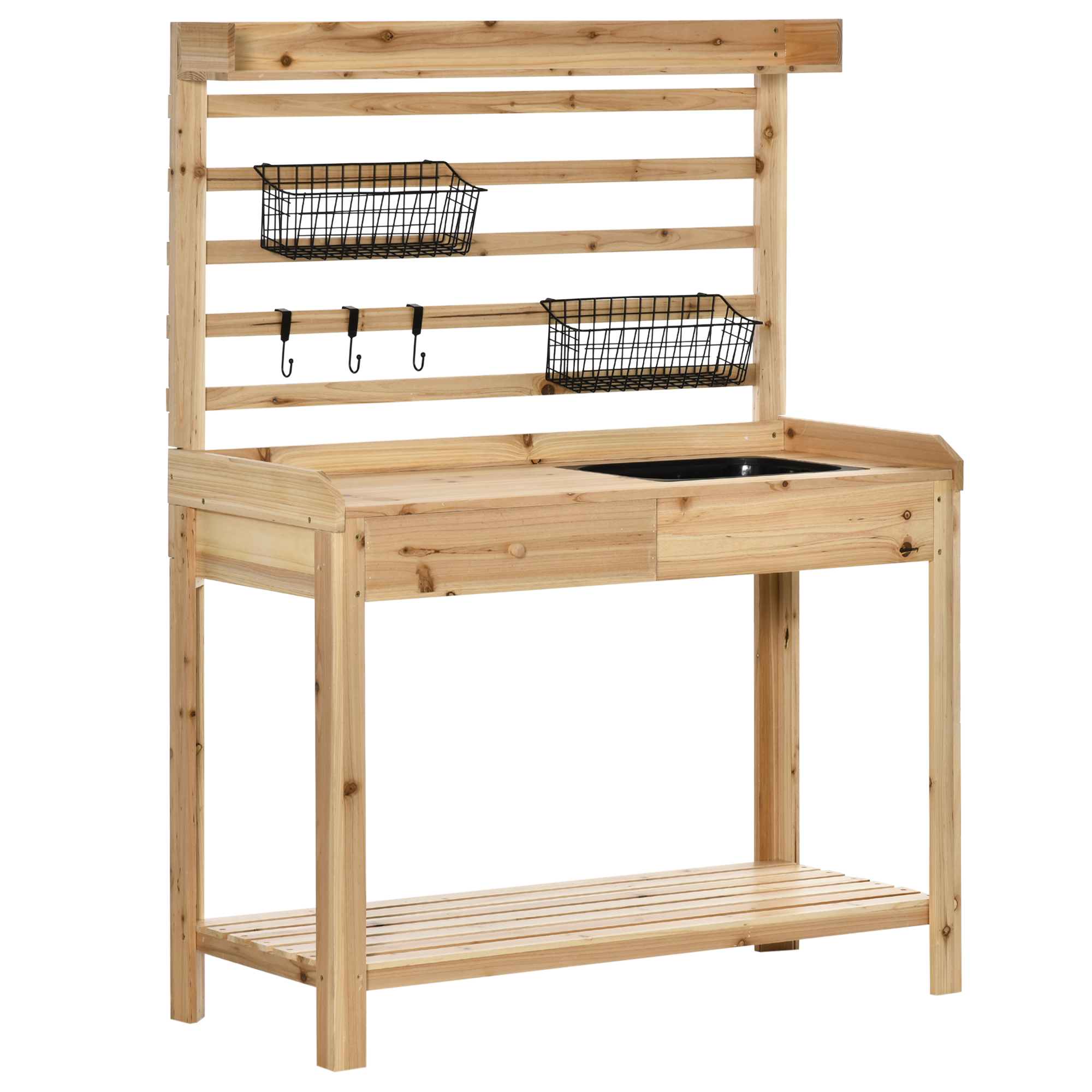 Outsunny Pflanztisch Arbeitstisch, Spüle und 2 Pflanzkästen, Massivholz, 107,5 cm x 46 cm x 142 cm, Natur