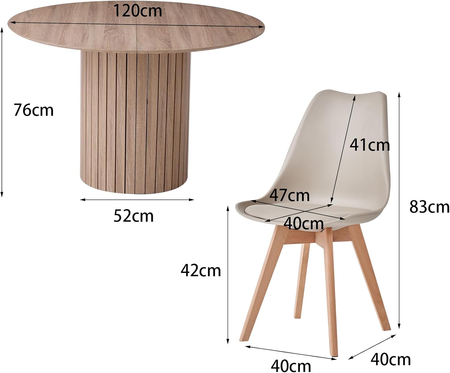 120 cm runder Esstisch mit 6 Esszimmerstühlen, runder Küchentisch mit Holzfuß, MDF-Platte, Küchenstühle mit Kunststofflehne, für 4–6 Personen, Hellbraun +Khaki