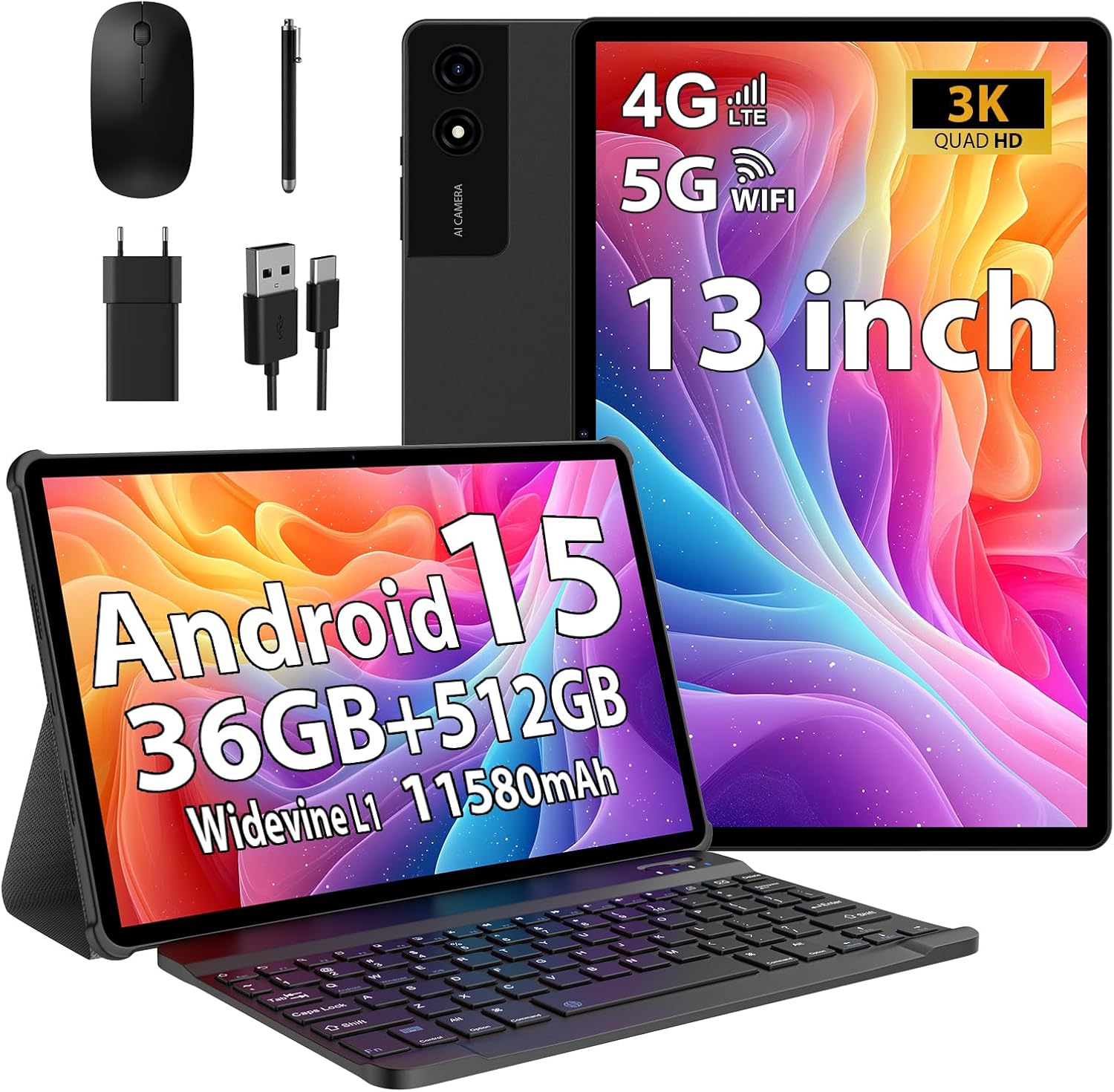 Tablet 13 Pollici Android 15 con 36GB RAM+512GB ROM(TF 2TB), 4G LTE & 5G WiFi, INCEL 3K HD, 11580mAh /Octa Core/Gemini AI/13MP+8MP/90Hz/18W/GPS/Widevine L1/BT5.0, Tablet con Tastiera, Nero
