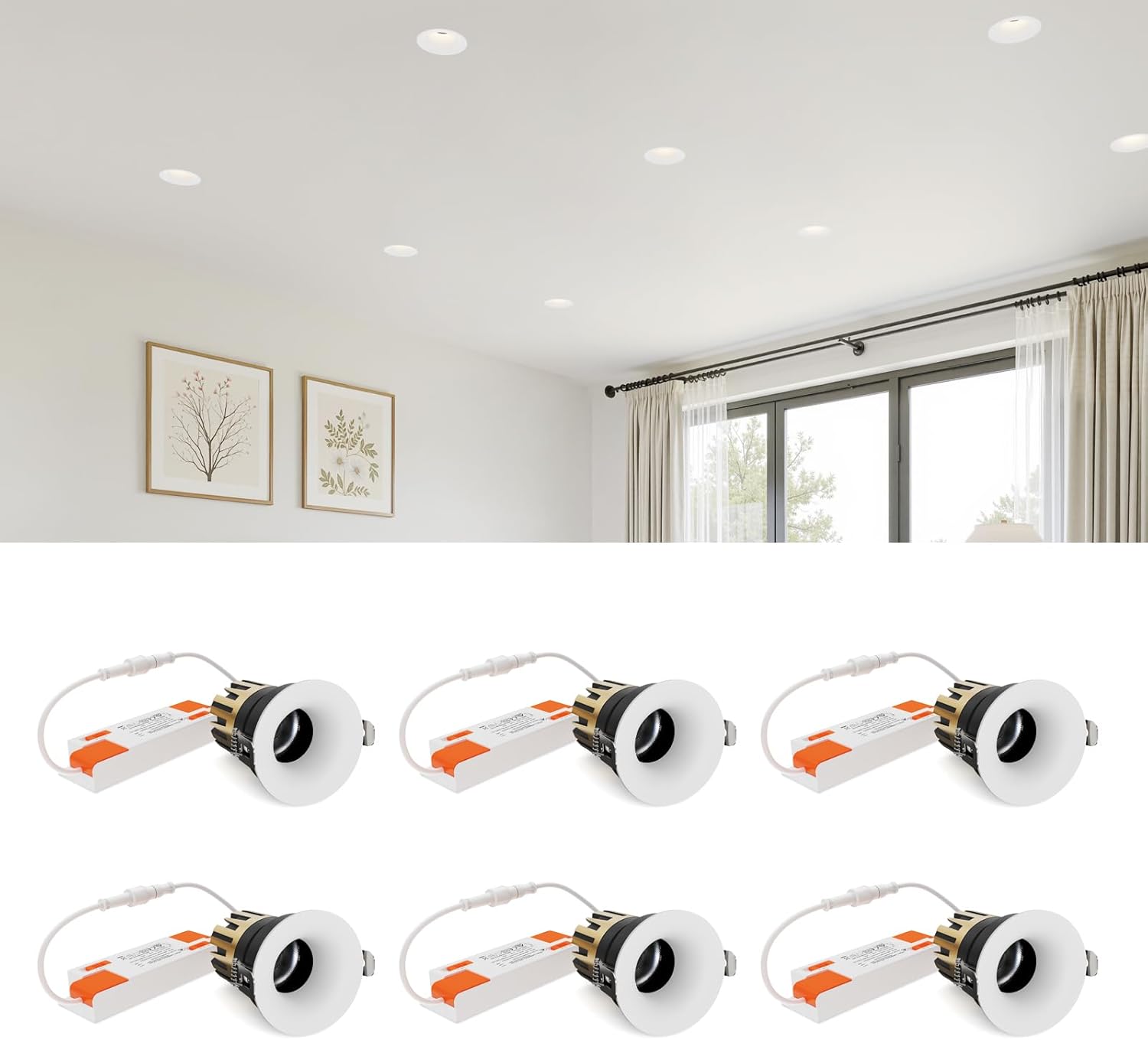SCON Einbaustrahler 6er-Set, 10 W, runde Einbaustrahler, verstellbarer Abstrahlwinkel, 5-Farben-Durchmesser, Farbtemperatur 2700K–6000K, geeignet für Wohnzimmer, Küche und Flur