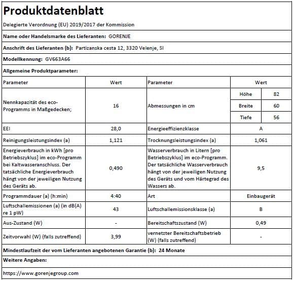 Gorenje GV663A66 Geschirrspüler/Einbaugerät FRONT NICHT ENTHALTEN/Made in EU/60 breite/16 Maßgedecke/8 Programme/TotalDry/Nachtprogramm/Status LED Licht/EEK: A-10%/Einbaumaße (HxBxT): 82 x 60 x 55,5cm