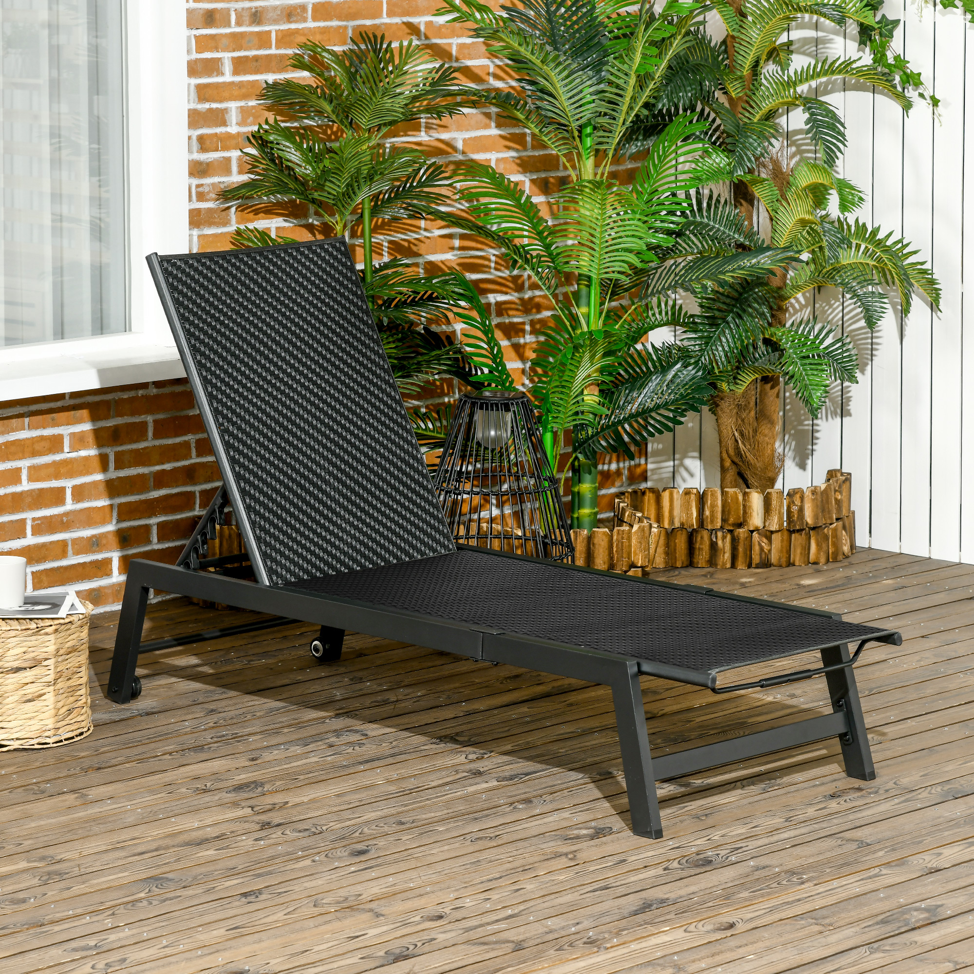 Outsunny Sonnenliege Gartenliege aus PE-Rattan-Geflecht mit Rädern verstellbare Rückenlehne Aluminium Schwarz