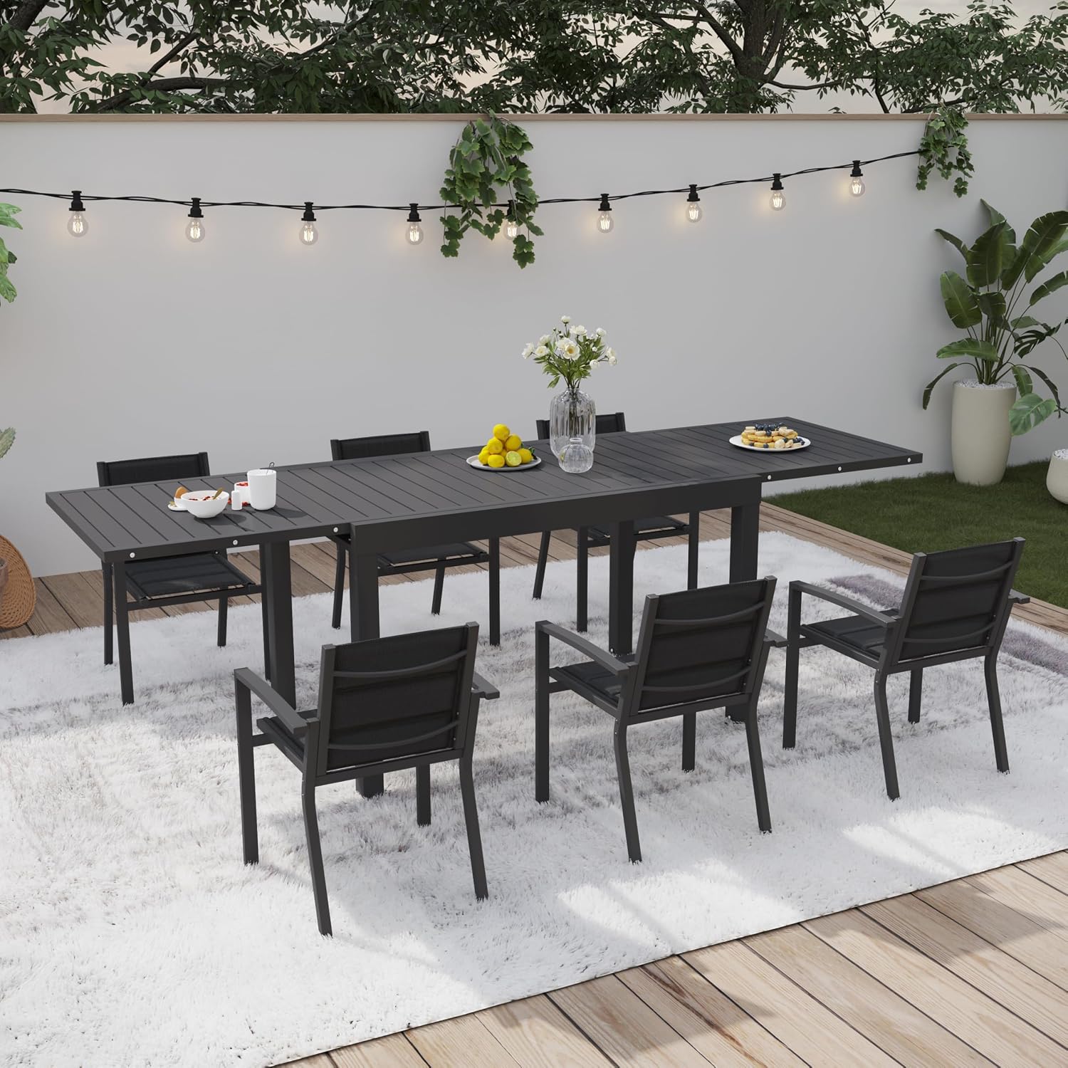 Devoko 6 Persone Set Tavolo e Sedie Da Giardino In Alluminio, 6 Sedie Impilabili e 1 130-260CM Tavolo Da Giardino Allungabile In Alluminio, Set Da Giardino Esterno, Grigio Scuro