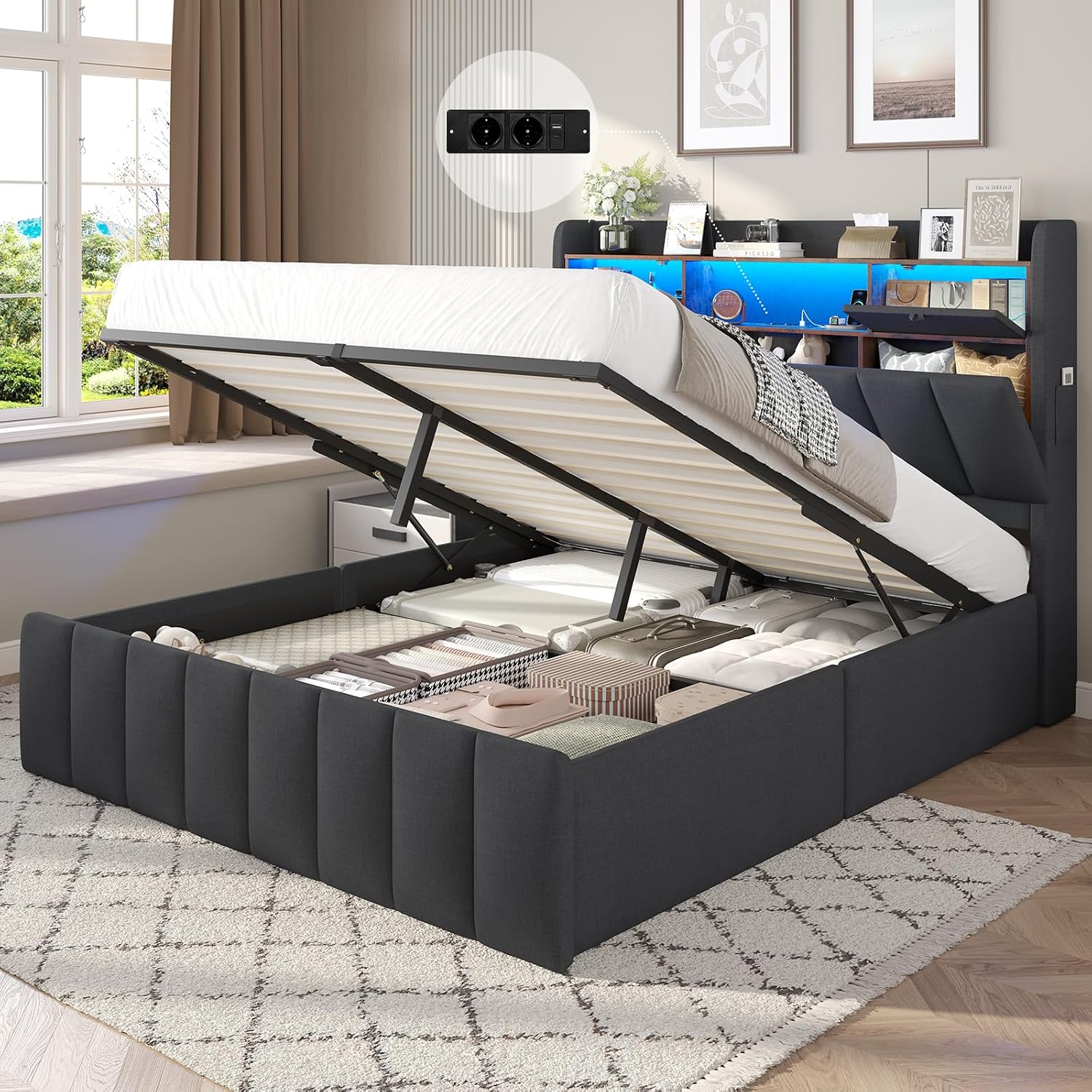 DICTAC Boxspringbett, 160x200 cm, Dunkelgrau, Bett 160x200 mit LED Beleuchtung & Bettkasten, 160x200 mit Stauraum und Lattenrost