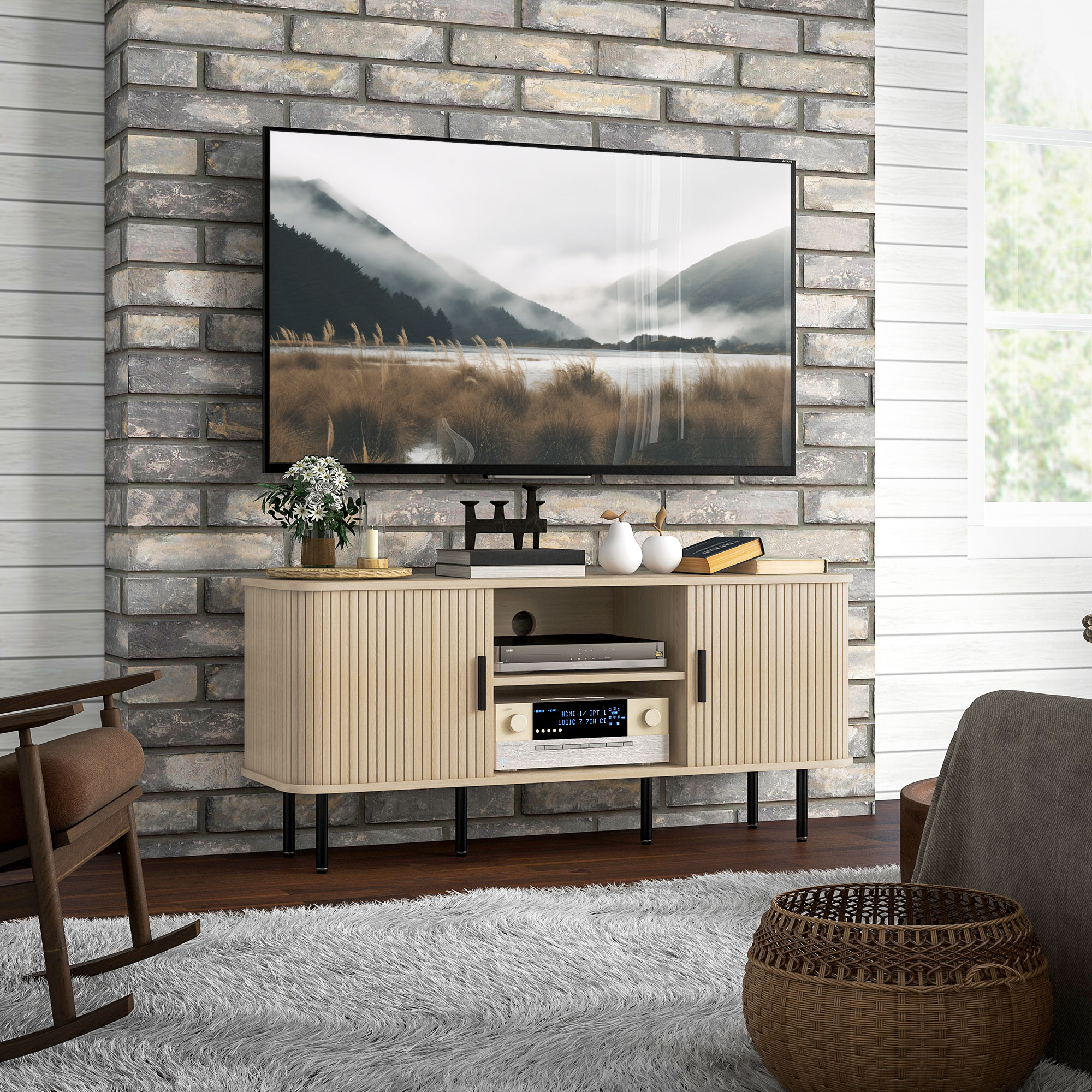 HOMCOM TV-Schrank mit 2 Rolltüren aus Lamellen im skandinavischen Design für Fernseher bis zu 55 Zoll 120 cm Eiche Ton
