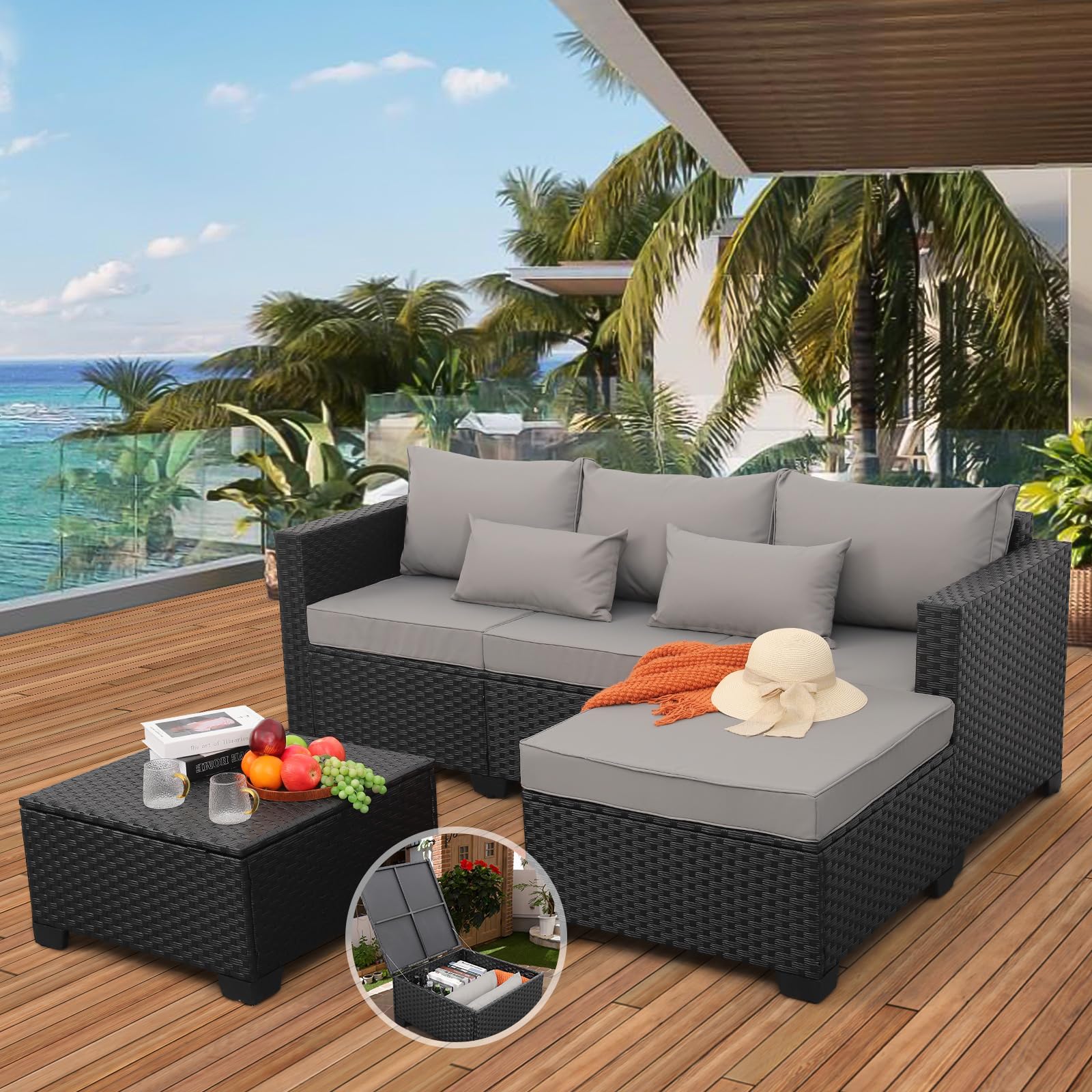 Rattaner 3-Delige Patio Meubelen Set met Ottoman en Opbergtafel voor Buiten