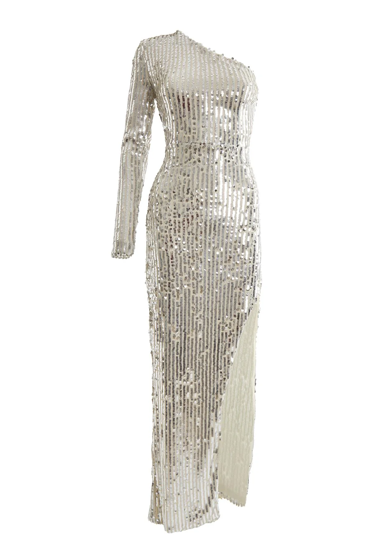 Ellen Silver-Nude Sequin Asymmetric-Sleeve Side Split Maxi-Dress