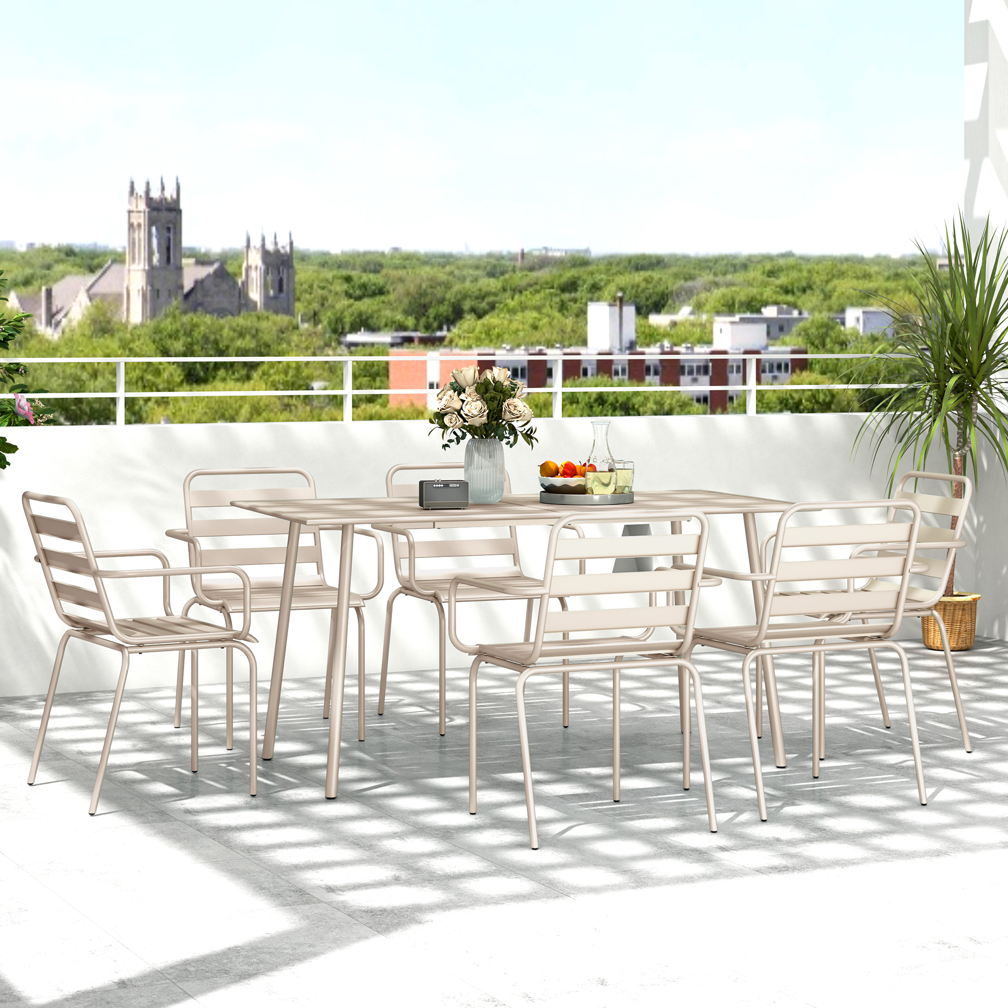 Outsunny Gartenmöbel-Speiseset 7-teilig mit 1 Tisch und 6 stapelbaren Stühlen aus Stahl in Beige