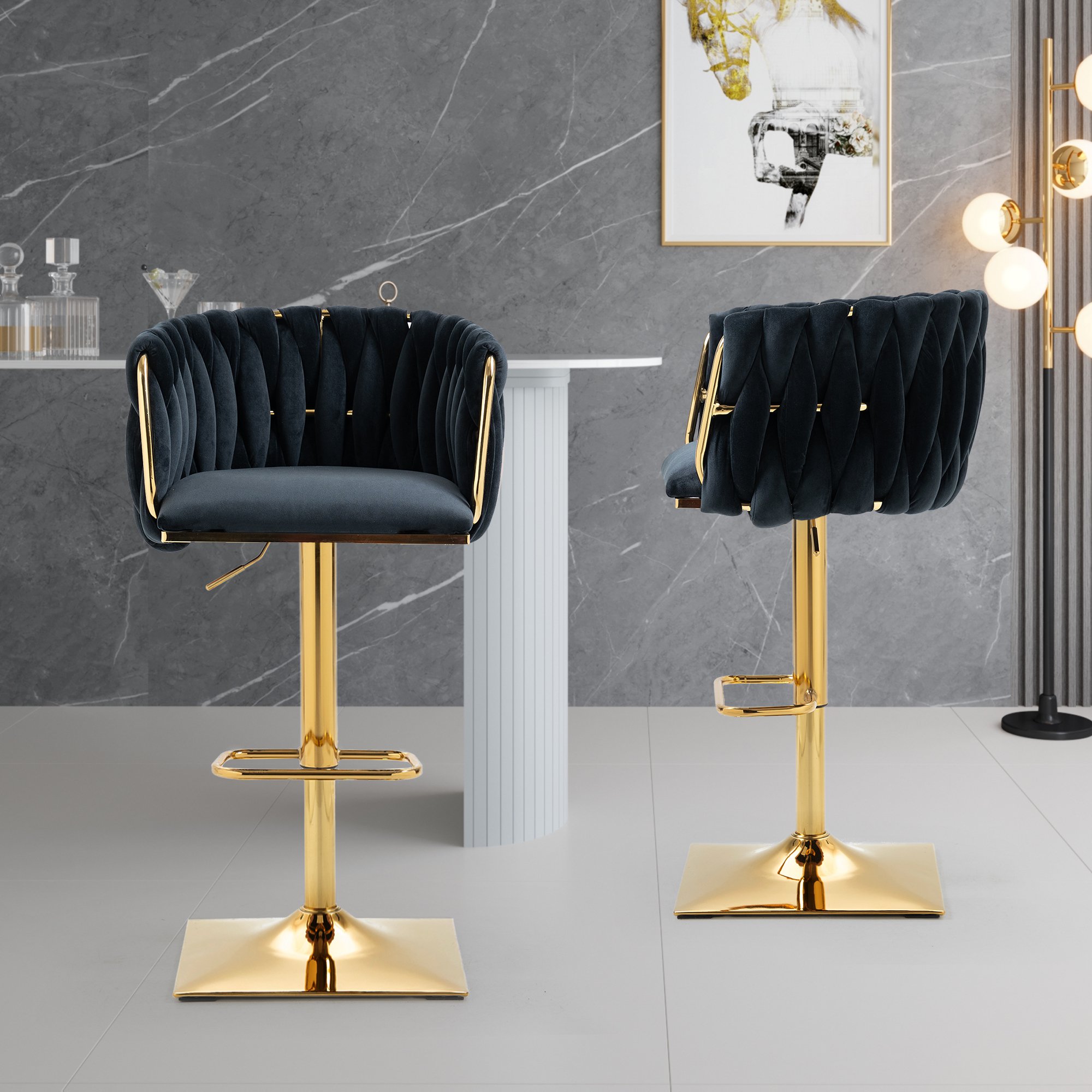 2 Art-déco Barhocker mit Lehne und Fußstütze, höhenverstellbar und 360° drehbar, Schwarz