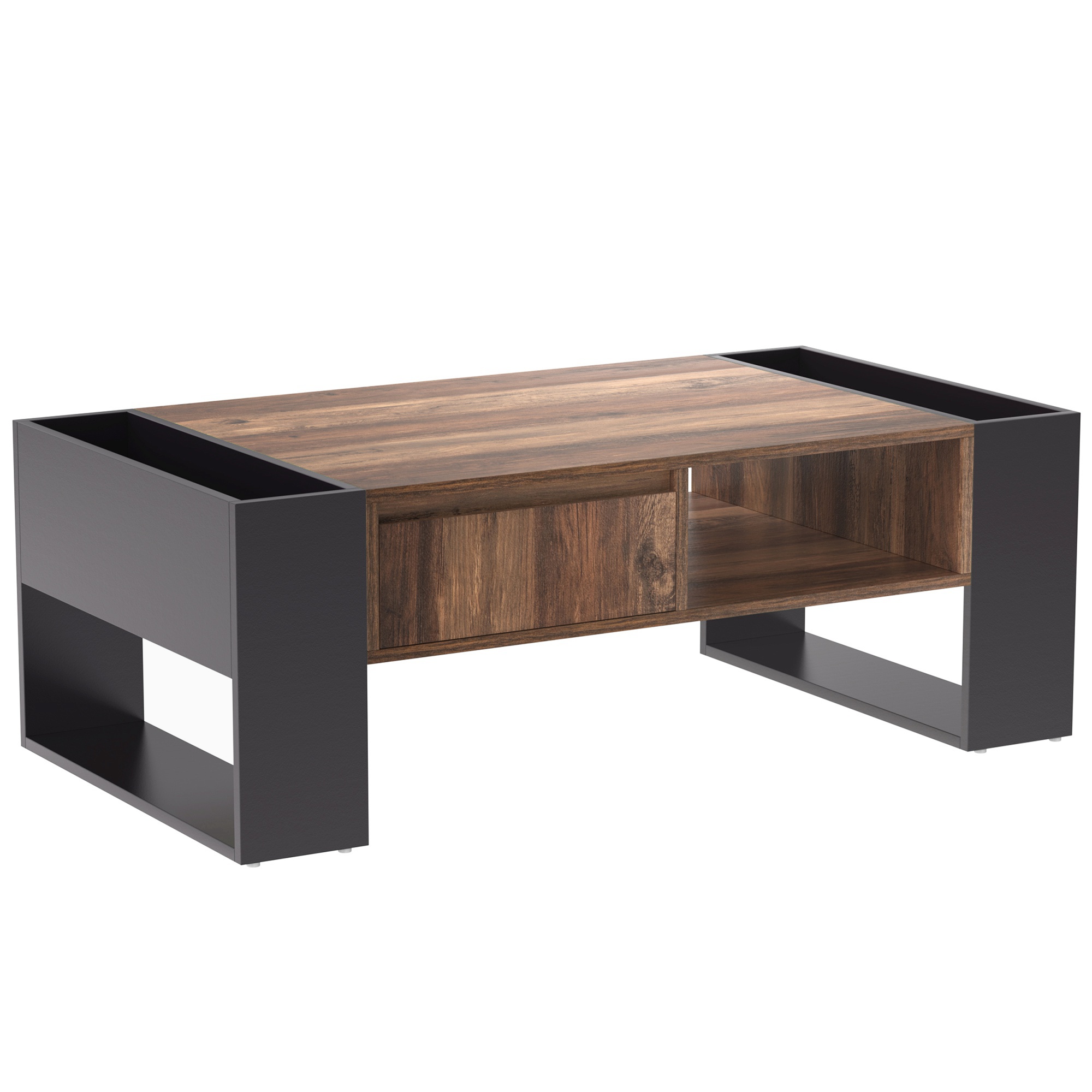 Couchtisch mit Holzmaserung, grifflose Schublade und doppelseitigem Stauraum, anthrazit, Schwarz + Grau