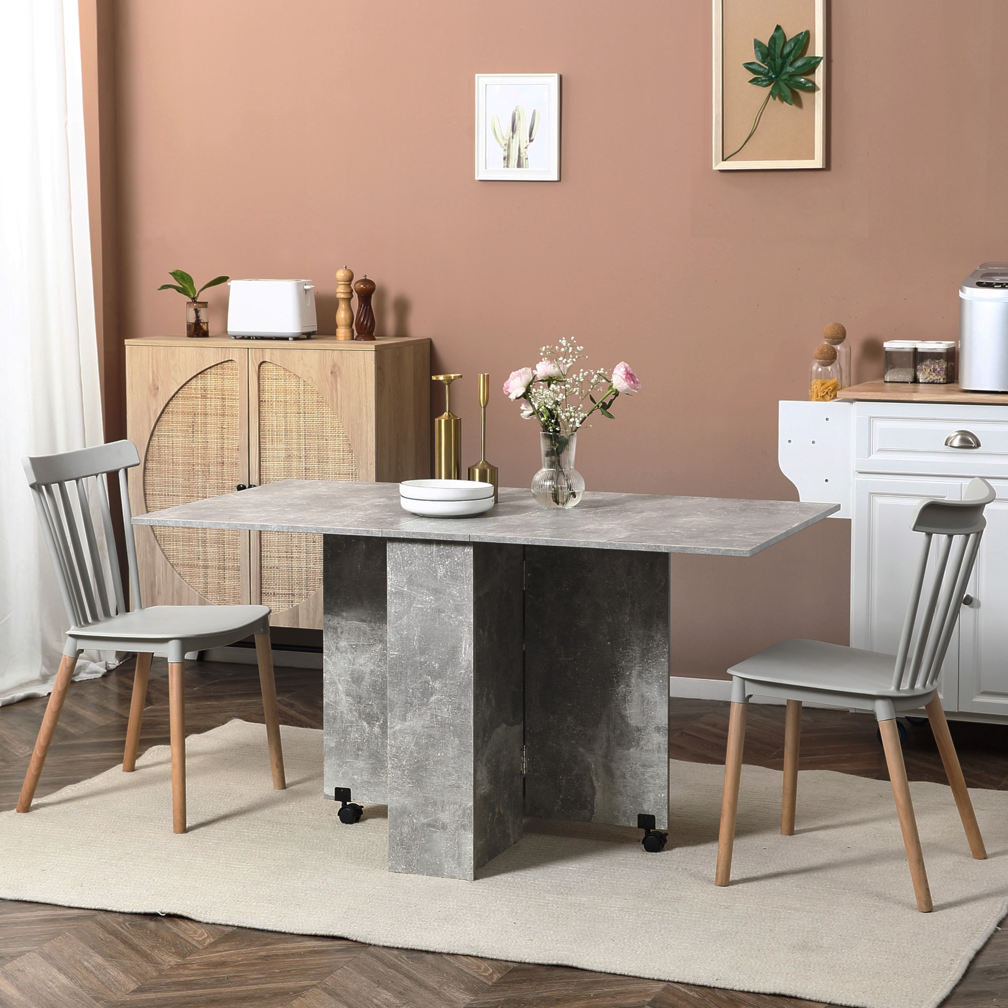 HOMCOM Klappbarer Küchentisch Esszimmertisch auf Rollen 75B x 140T x 74H cm 2 integrierte Regale aus Holz
