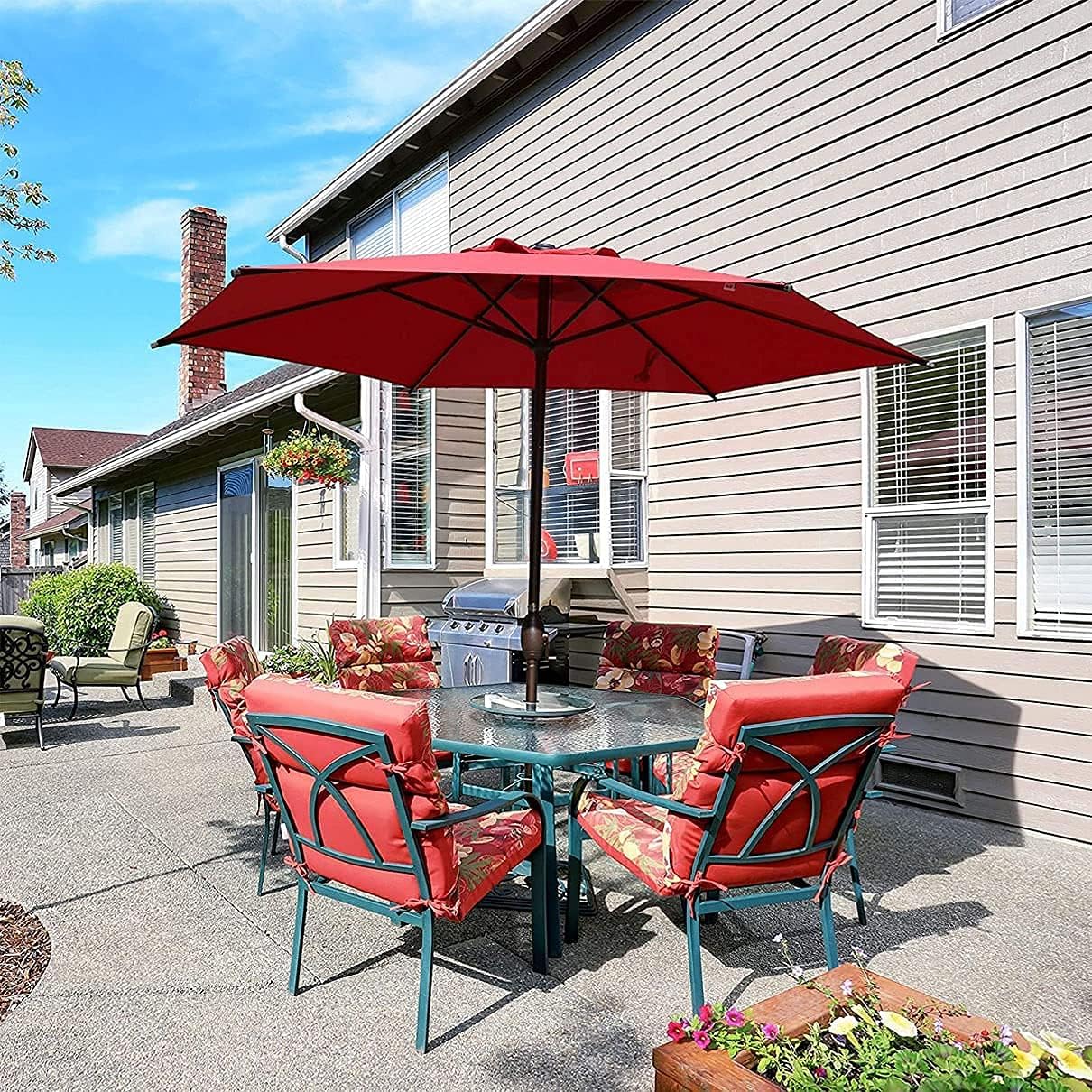 Automatisch neigbarer Patio-Gartentischschirme, Marktschirm mit Kurbeln 8,5 Fuß, höhenverstellbarer Gartenschirm mit acht Rippen, für Garten-Schwimmbad-Strand good