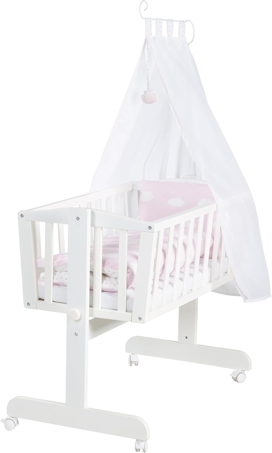roba Culla e lettino Kleine Wolke - Design a Nuvola - 40 x 90 cm - in Legno - Set da Letto Completo di Chiusura e Arredo Tessile - Bianco/Rosa