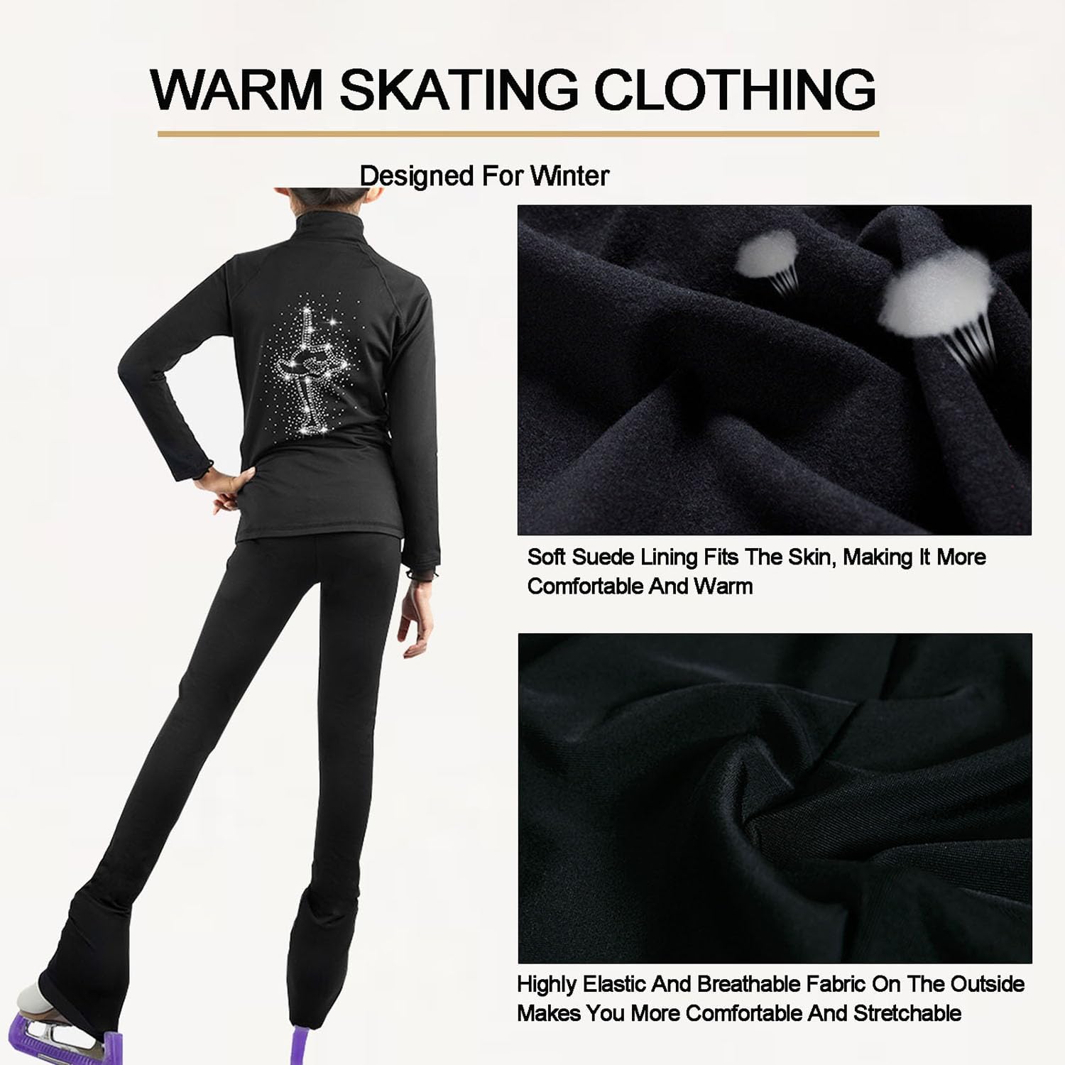 Eislauf-Outfit für Mädchen, Eiskunstlaufjacke, Eiskunstlaufhose, warme Eiskunstlaufhose für Mädchen, Strass-Leggings,Schwarz,L