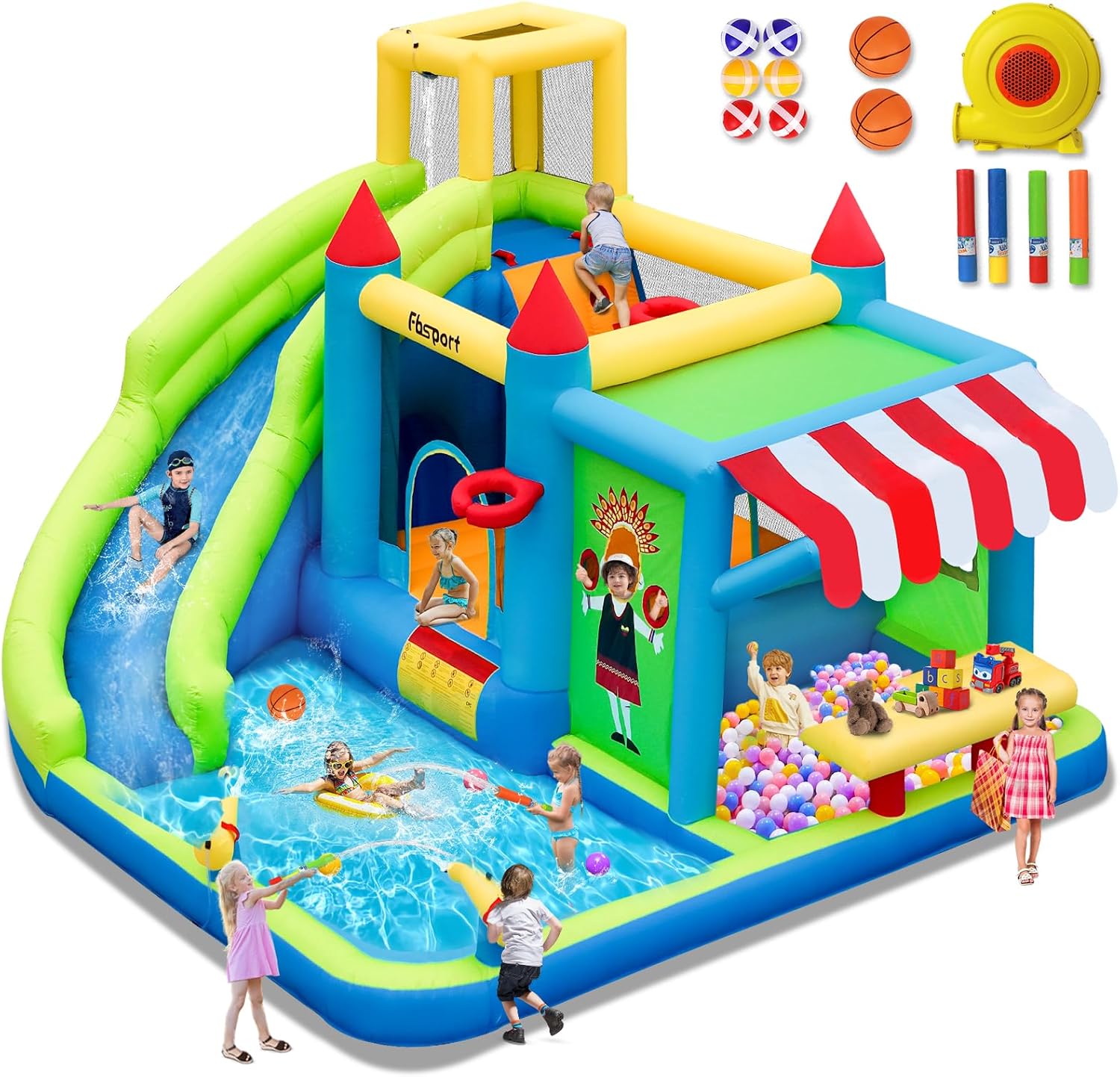 FBSPORT Castello Gonfiabile con Ventilatore con Scivolo Trampolino Piscina Parete da Arrampicata, Piscina di Palline oceaniche Parco Acquatico per Bambini 424 ×388 ×238 CM