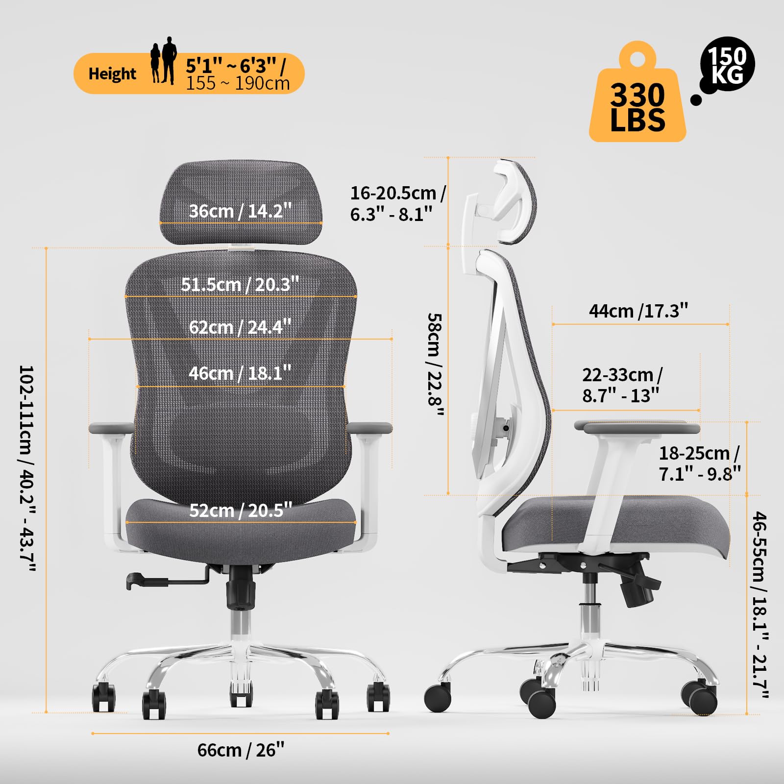 Holludle Ergonomischer Bürostuhl 3D Lendenstütze 3D verstellbare Armlehnen V Form Rücken Büro Zuhause Weiß