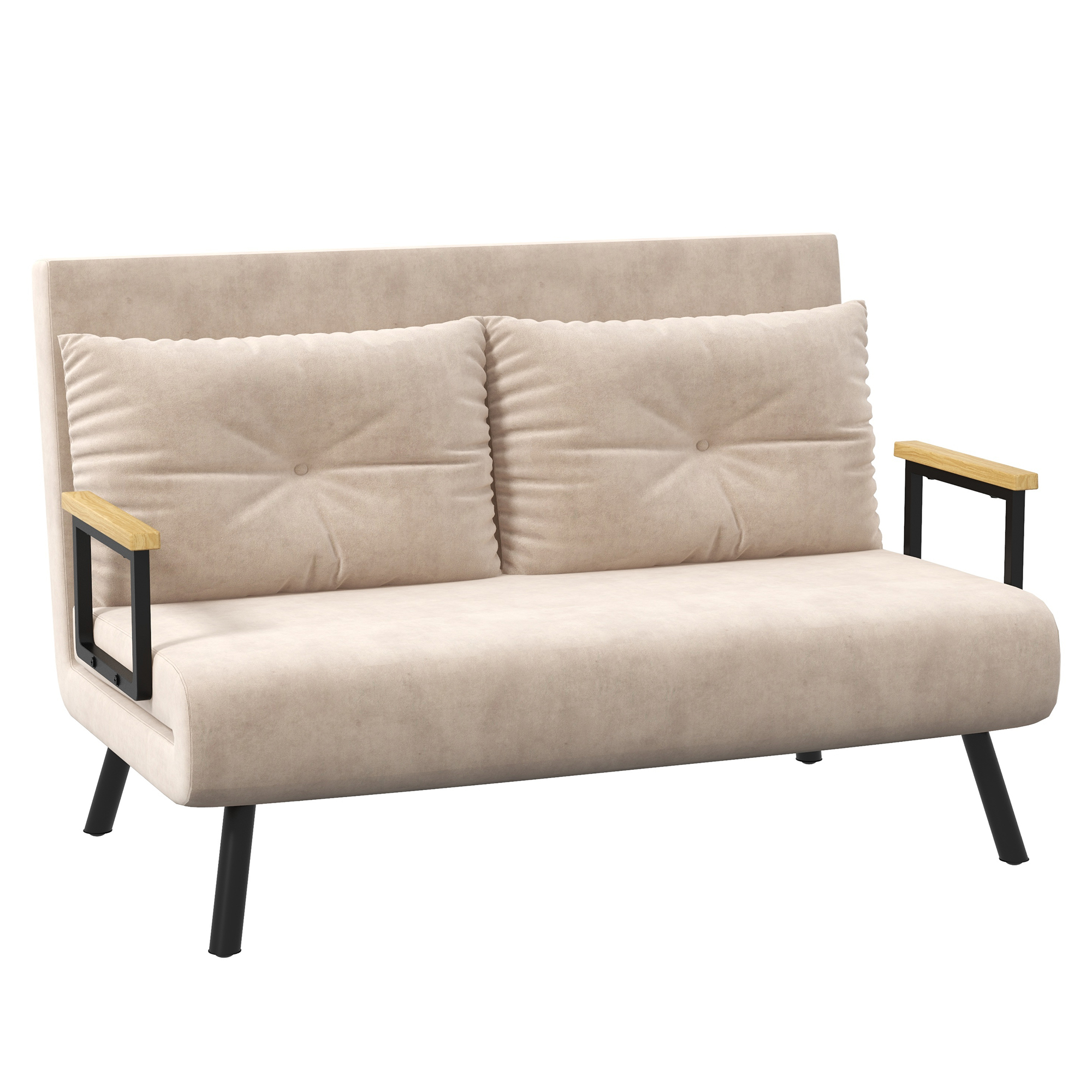 HOMCOM Slaapbank 2-zitsbank Fluweelbank, Slaapfunctie, incl. 2 kussens, Fluweel Optiek, Natuur + Beige + Zwart