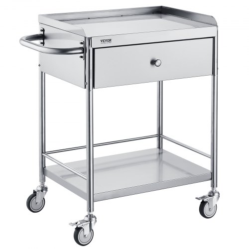 VEVOR Zweistöckiger Laborwagen Gerätewagen Medizintechnik Servierwagen 201 Edelstahl Tragbar Abräumwagen mit Schubladen 100 kg Tragfähigkeit, 710  x 421 x 785 mm (mit Griff) Labor Rollwagen