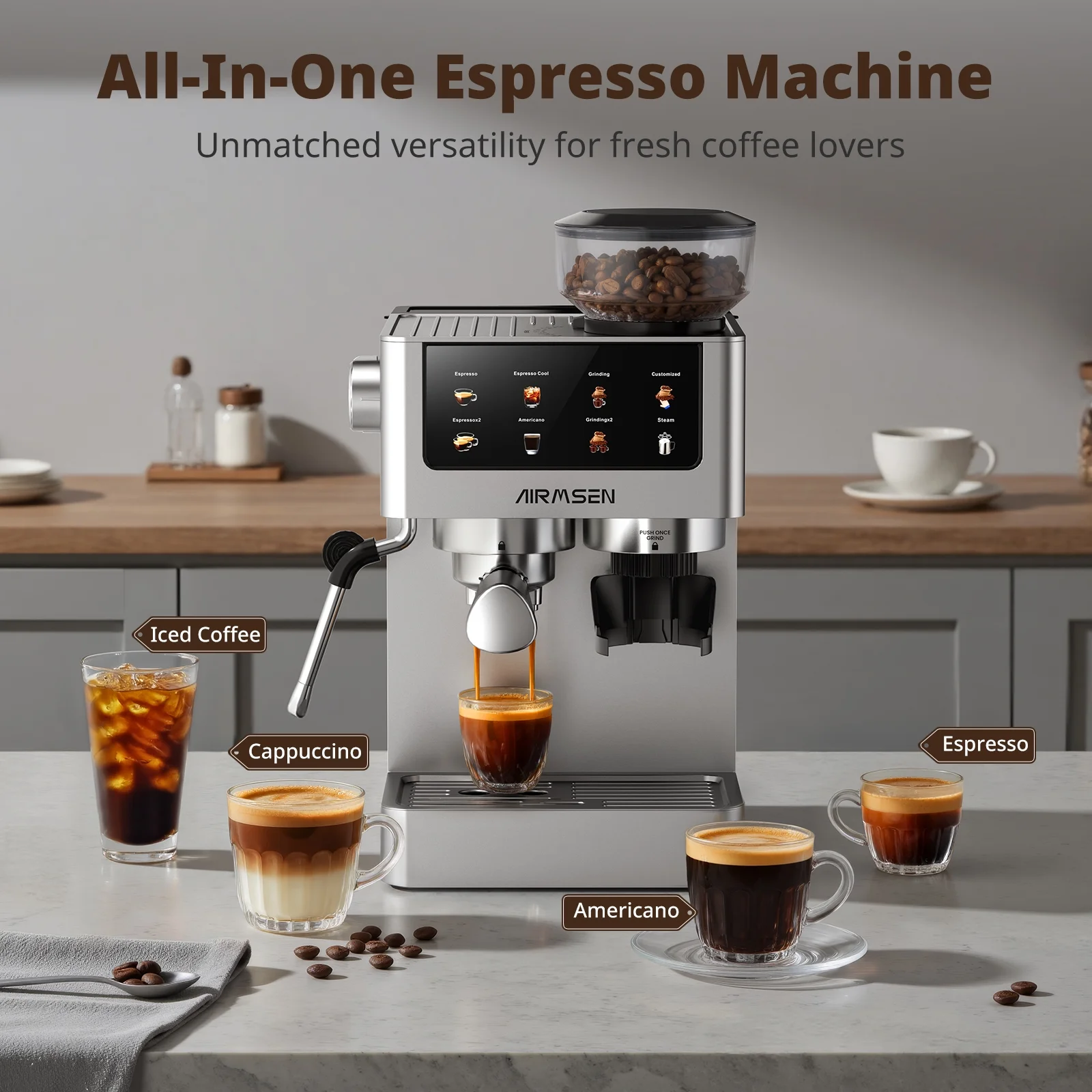 AIRMSEN Espresso Machine with Grinder, Espresso Coffee Machine with Customized Grind Amount & Coffee Volume, Cold Brew Coffee Maker for Cappuccino Latte Americano, Brushed Stainless Steel