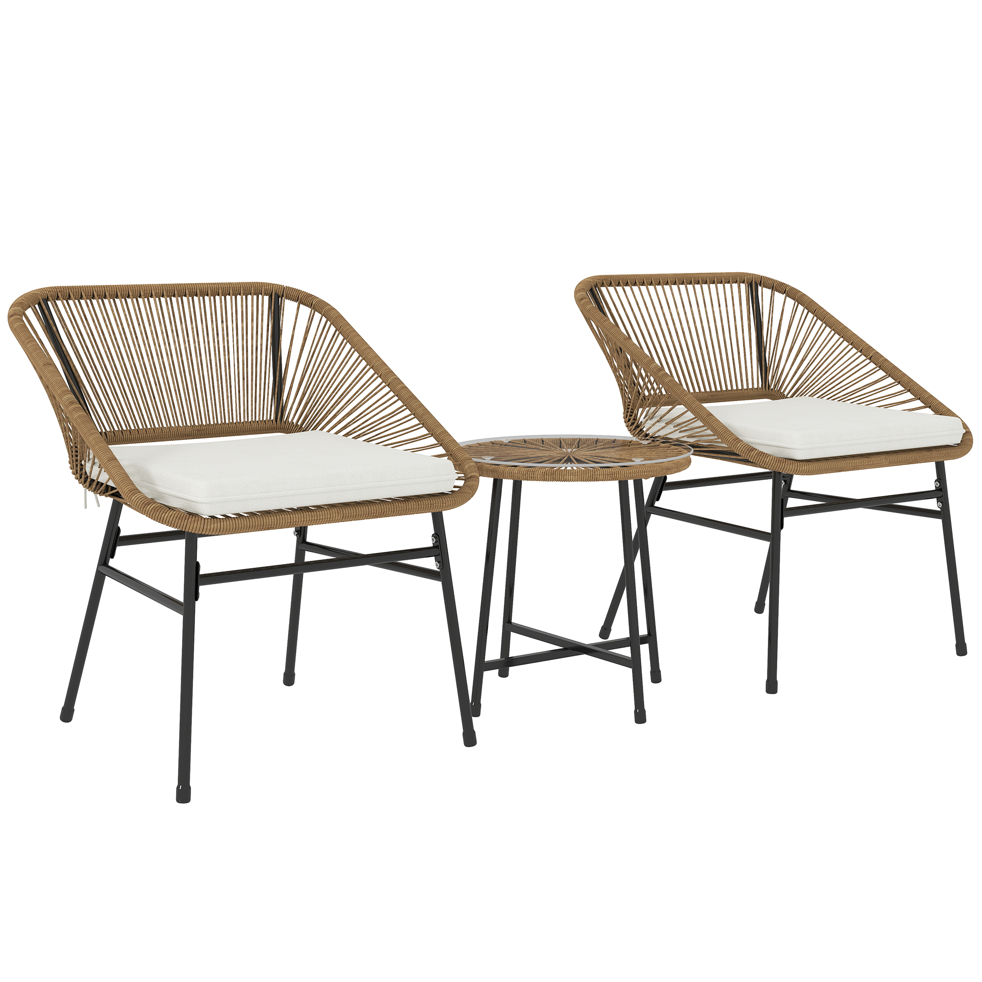 Outsunny Gartenmöbelset 3-teilig aus PE-Rattan und Stahl mit 2 Stühlen mit Kissen und rundem Tisch, Multicolor