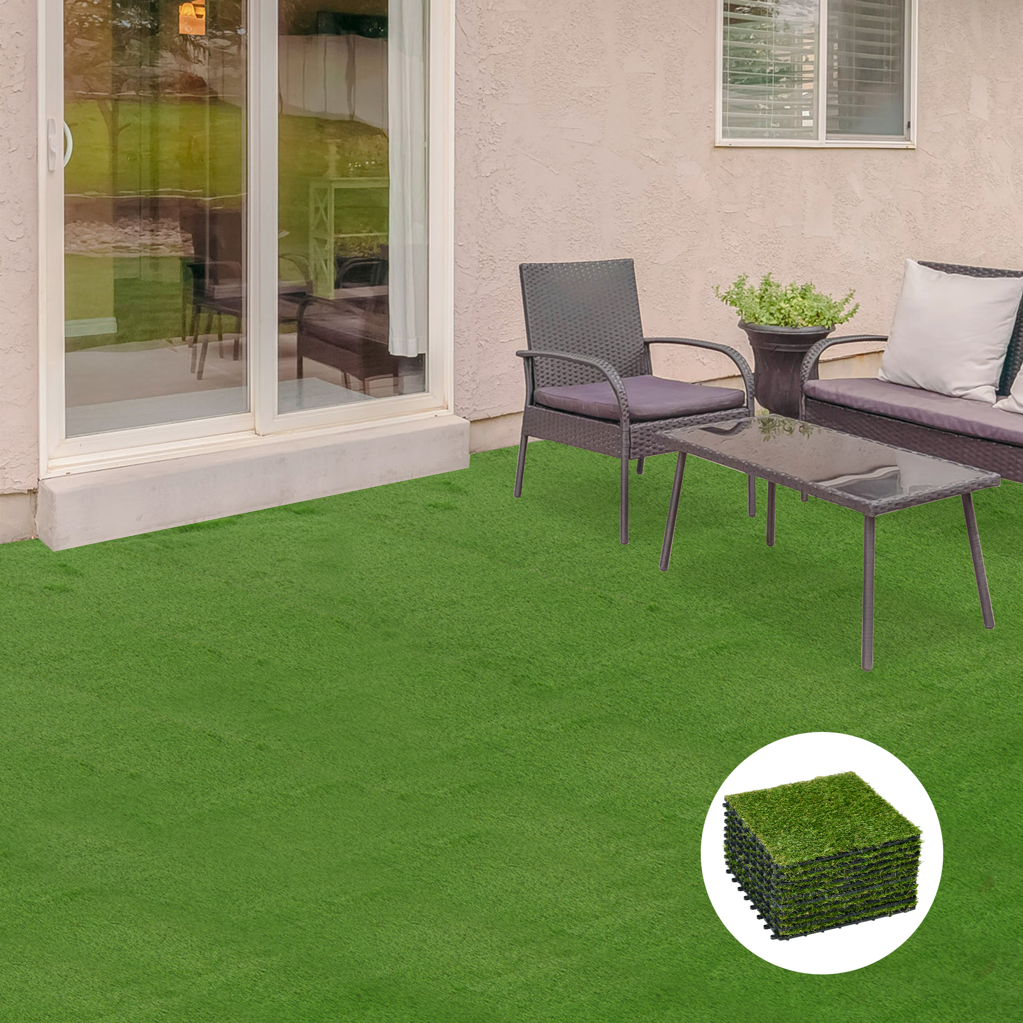 Outsunny Kunstrasen, naturgetreu, Drainagefunktion, 6,5 K Fasern/m², 25mm Höhe, 10-er Set je 30x30cm, Grün