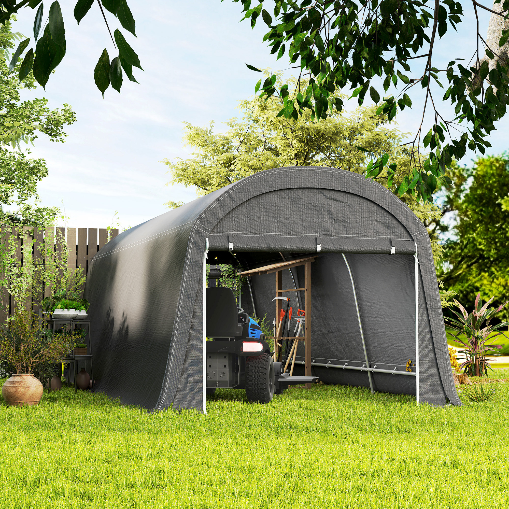 Tuinschuur met Kunststof Zeil, Gereedschapstent, Opzetbare Garage, 300B x 600D x 230H cm, Donkergrijs