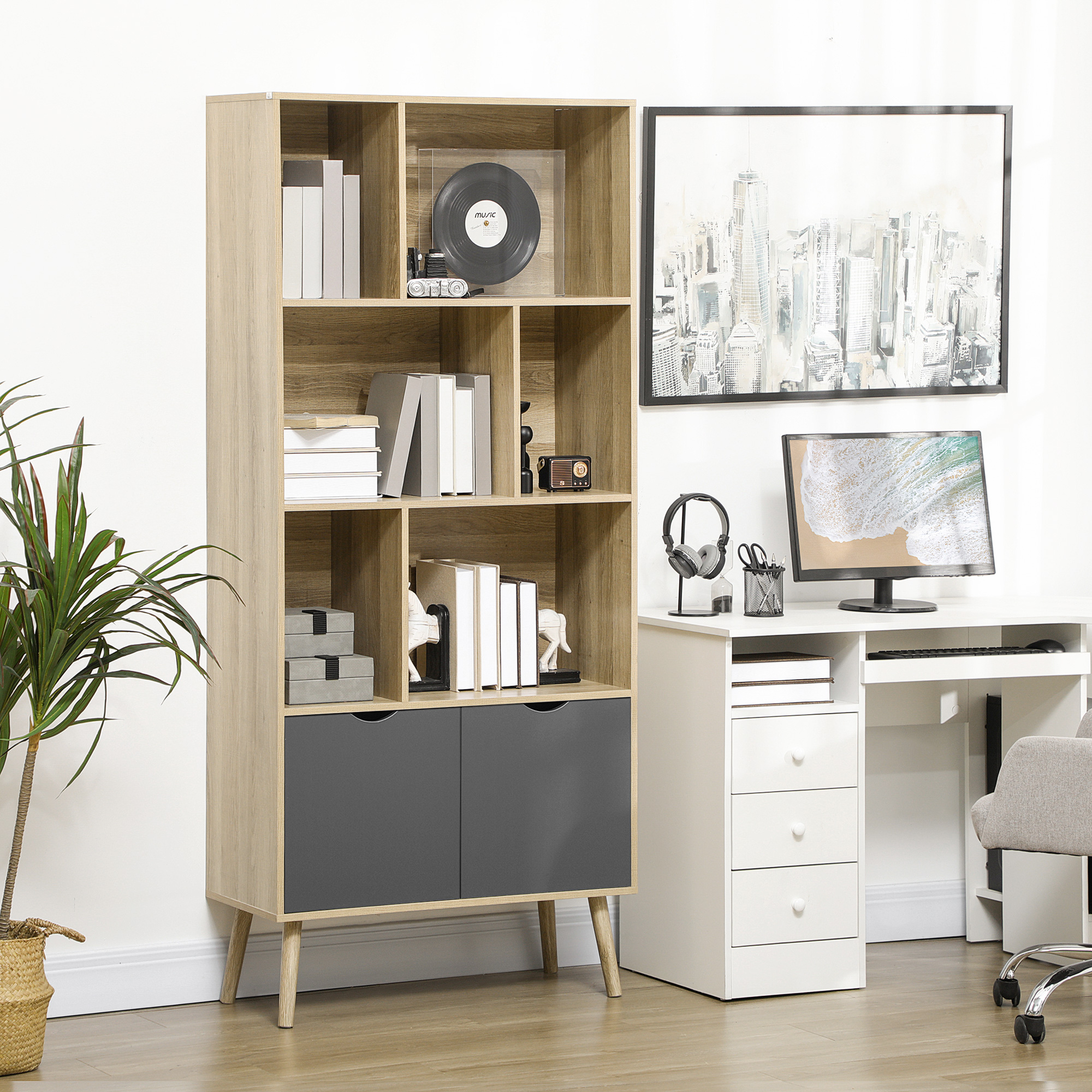 HOMCOM Bücherregal Aufbewahrungsregal Schrank 6 Regale Maße 80L x 35B x 180H cm natur und Dunkelgrau