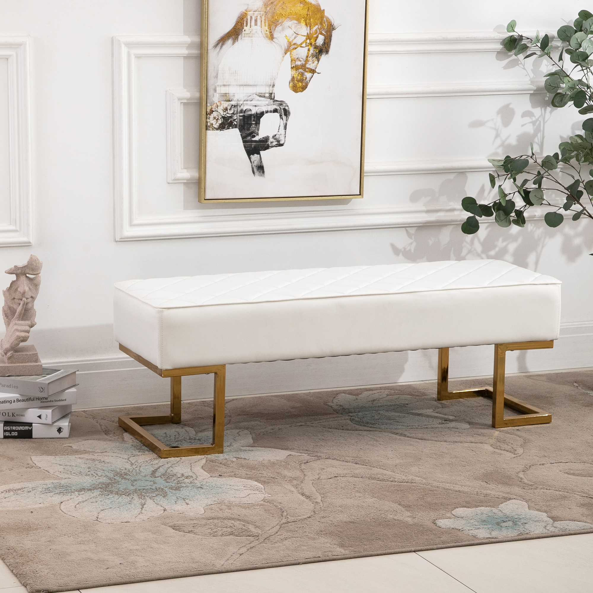 HOMCOM Sitzbank für Schlafzimmer Truhenbank Bettbank Wohnzimmer Kunstleder Metall Weiß+Gold 120 x 43 x 42 cm