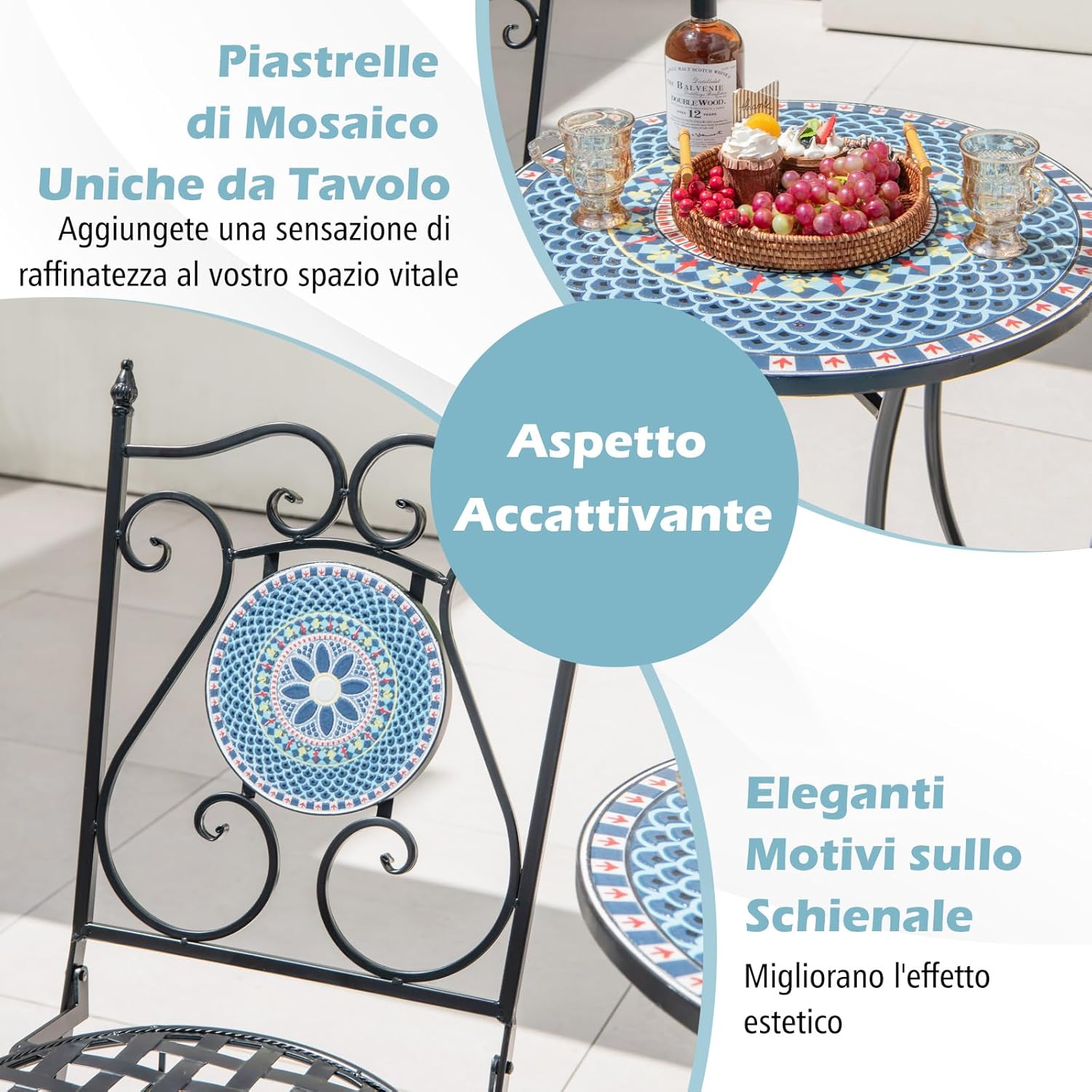 GYMAX Garden Table and Chairs Set, Round Side Table and 2 Folding Chairs with Backrest, Metal Frame, Modern Mosaic Look for Balcony, Patio (Style 2)