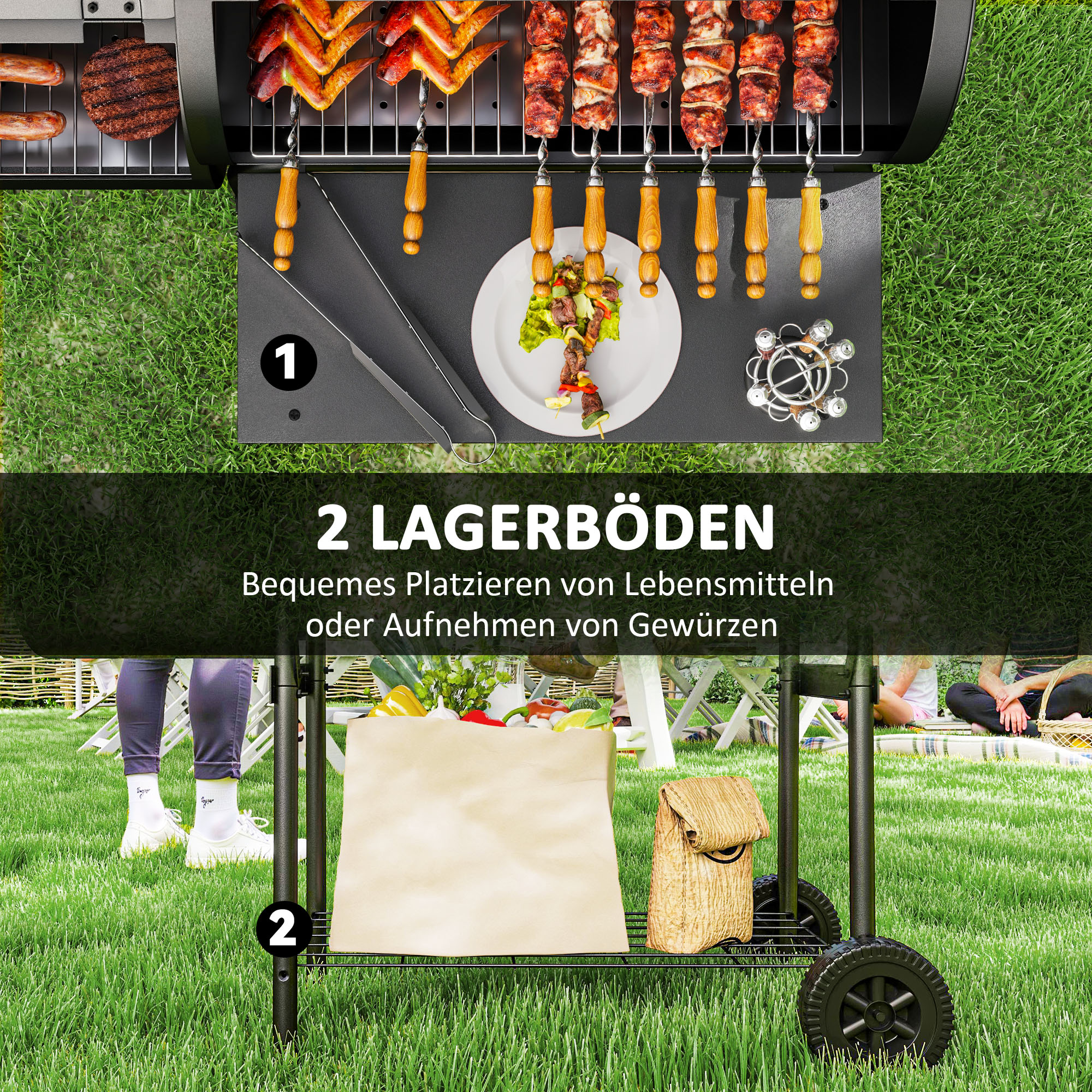 Stalen Houtskoolgrill BBQ Smoker met Deksel, Thermometer, Wielen, Luchttoevoer, Kolenbak
