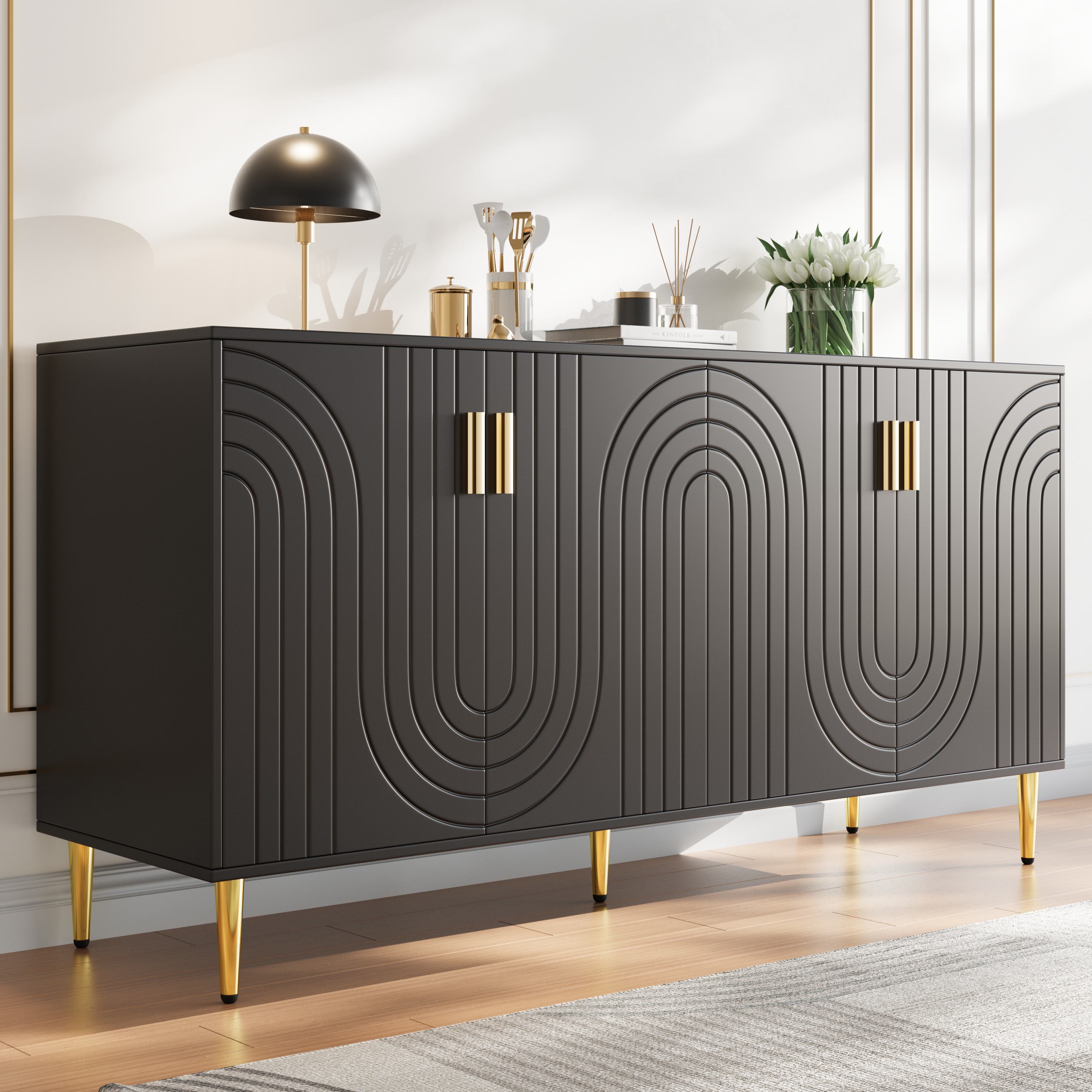 Schwarzes Sideboard mit einzigartigem Wellendesign, 152×40×75 cm, Schwarz