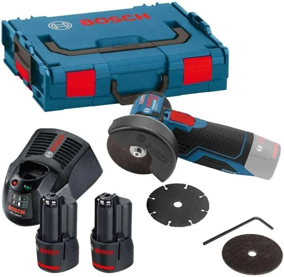 Bosch Professional 12V System Akku Winkelschleifer GWS 12V-76 (inkl. 2x 3.0Ah Akku, L-BOXX2), Schnellladegerät GAL 1230 CV, 1x Carbide Multi Wheel