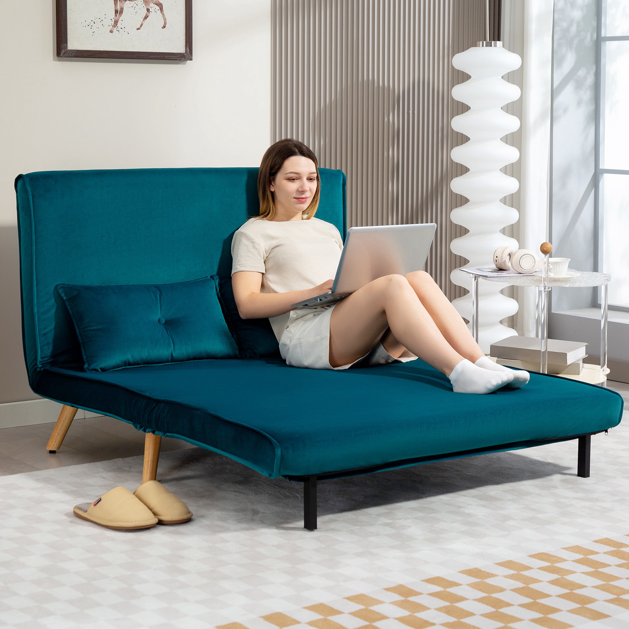 2-Zits Slaapbank, Bedbank, in Bed om te Toveren Couch, Verstelbare Rugleuning, Stofbekleding, Metalen Frame, Groen