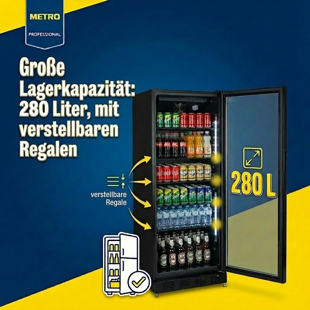 METRO Professional Getränkekühlschrank GSC4280B, Metall/Glas, 280 L, belüftete Kühlung, 210 W, mit Schloss, Schwarz